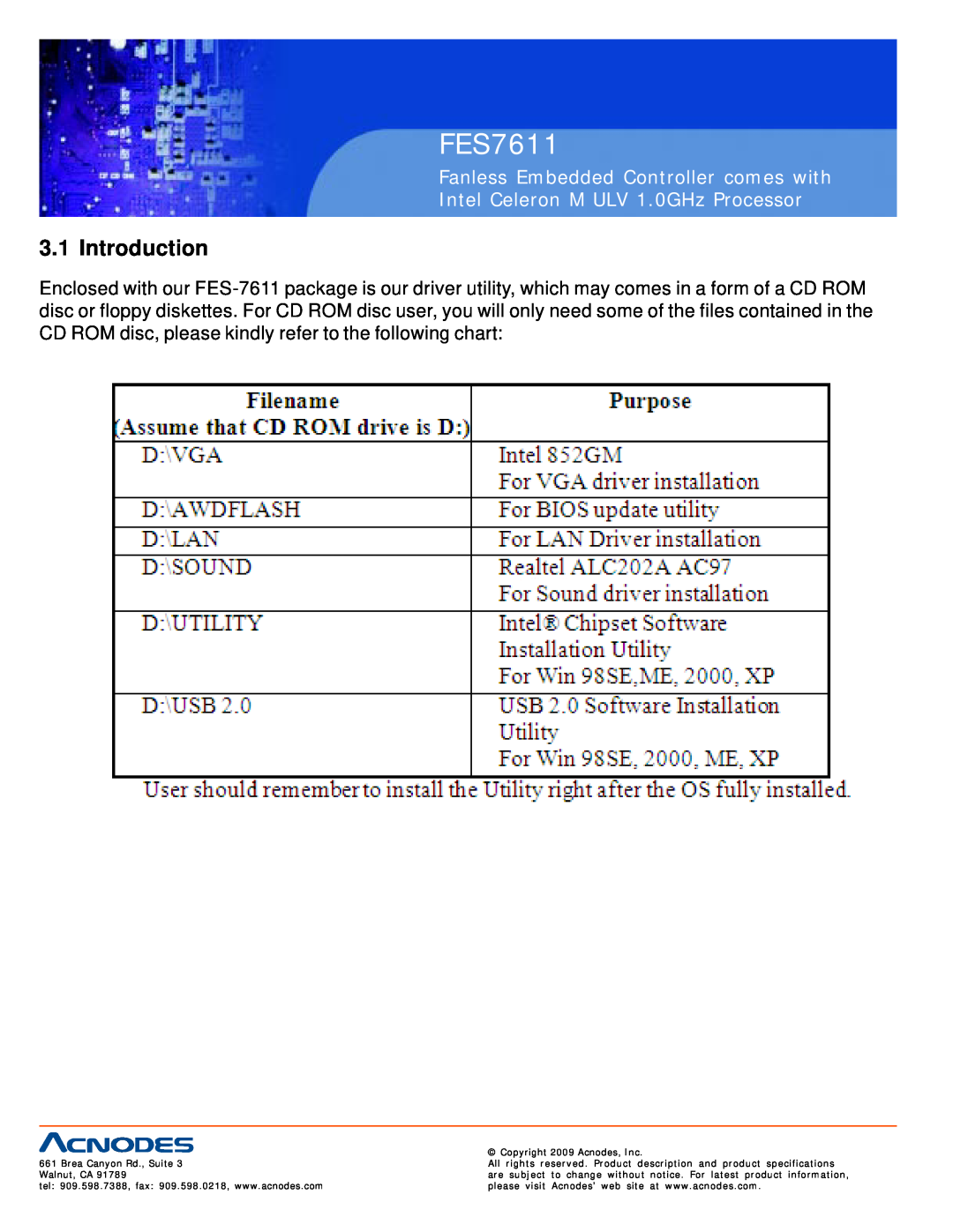 Acnodes FES7611 user manual Introduction, Fanless Embedded Controller comes with, Intel Celeron M ULV 1.0GHz Processor 