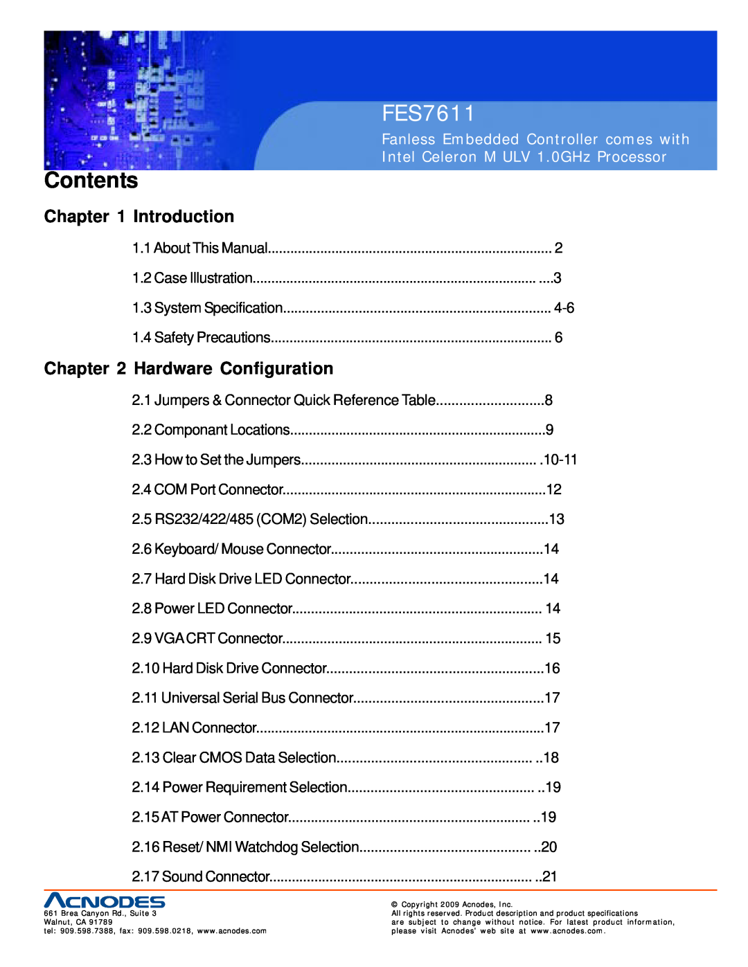 Acnodes FES7611 user manual Contents, Introduction, Hardware Configuration, Fanless Embedded Controller comes with 