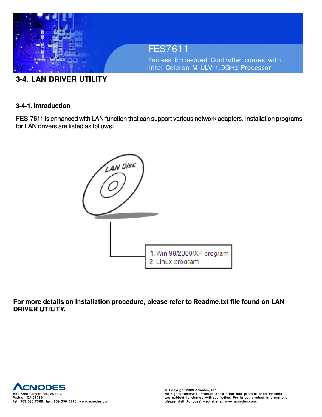 Acnodes FES7611 Lan Driver Utility, Introduction, Fanless Embedded Controller comes with, Copyright 2009 Acnodes, Inc 