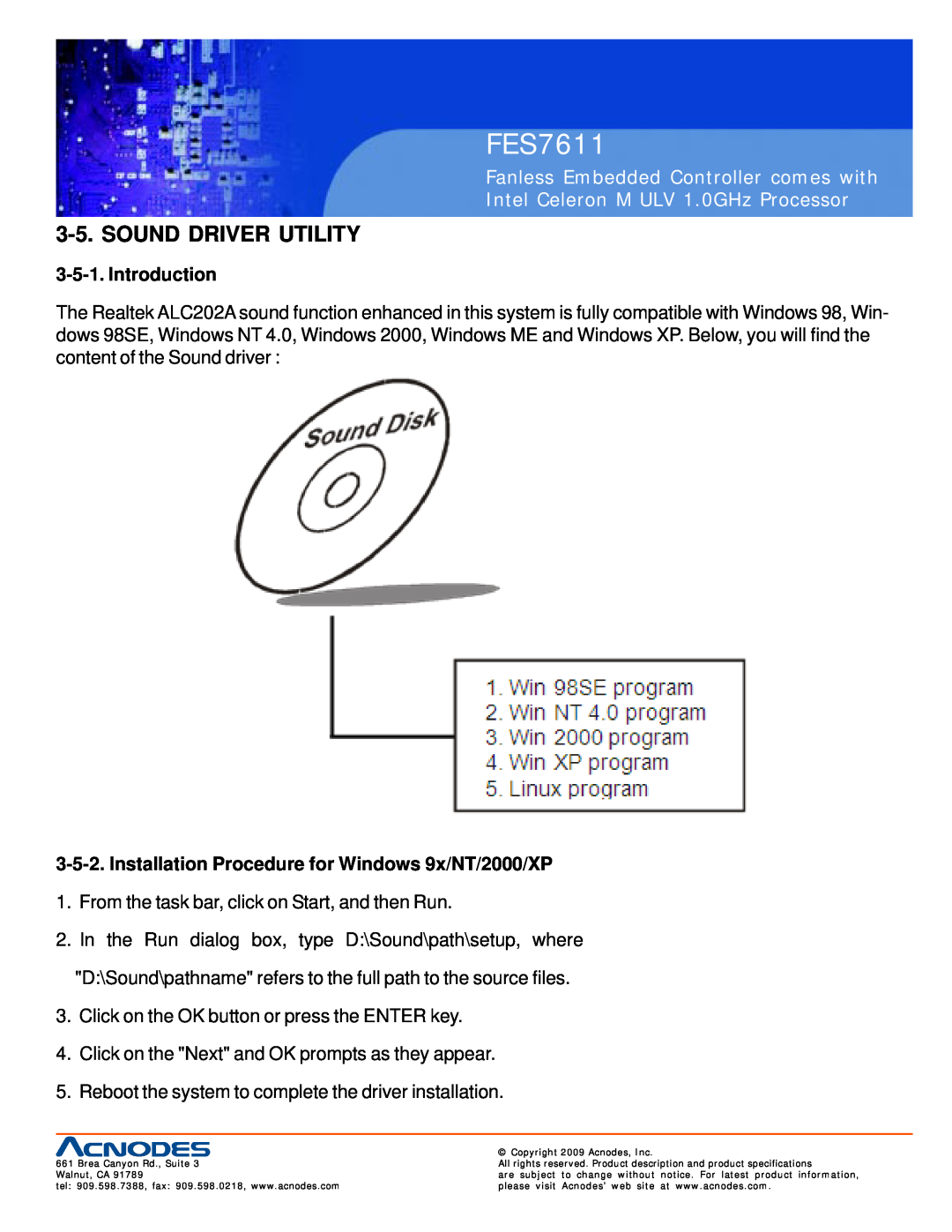 Acnodes FES7611 user manual Sound Driver Utility, Introduction, Installation Procedure for Windows 9x/NT/2000/XP 