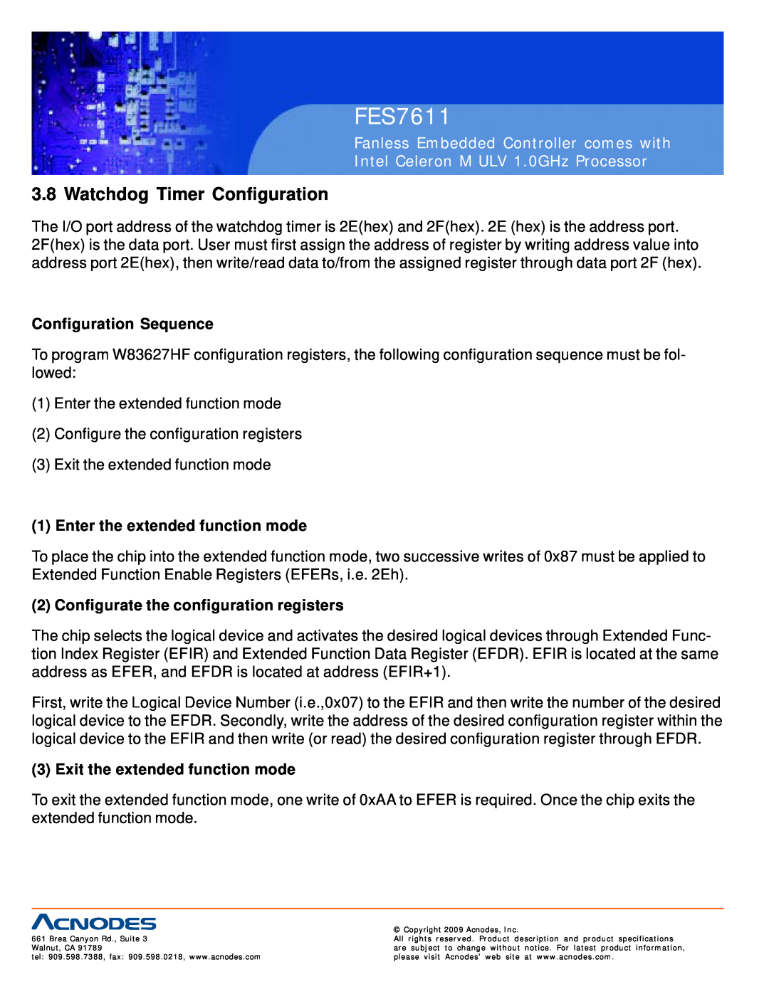 Acnodes FES7611 user manual Watchdog Timer Configuration, Configuration Sequence, Enter the extended function mode 