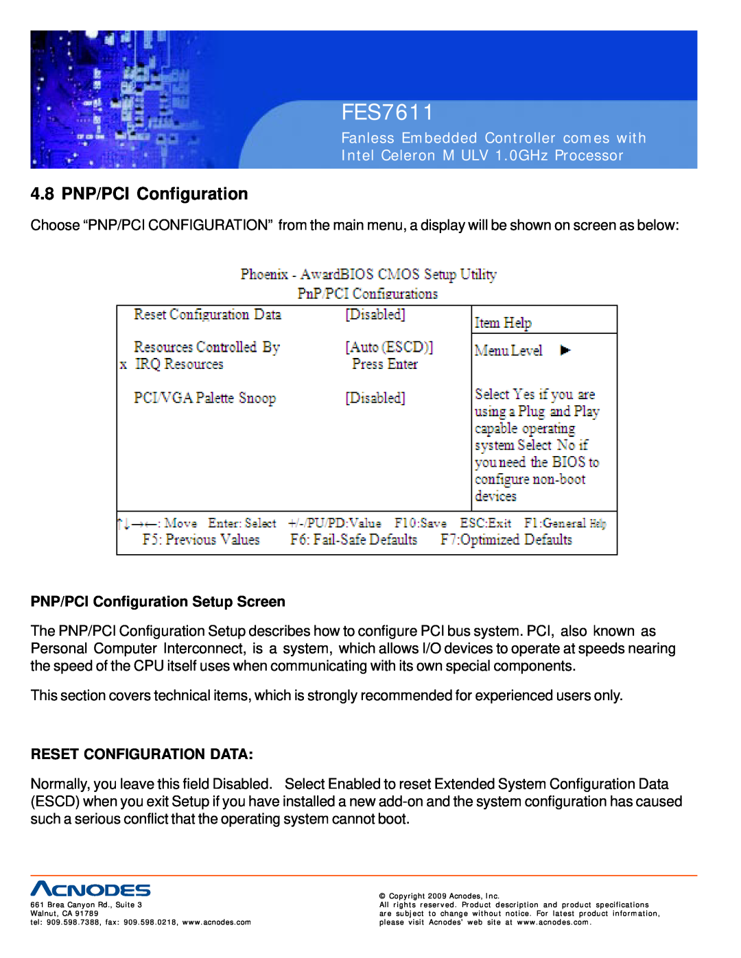 Acnodes FES7611 user manual 4.8 PNP/PCI Configuration, PNP/PCI Configuration Setup Screen, Reset Configuration Data 