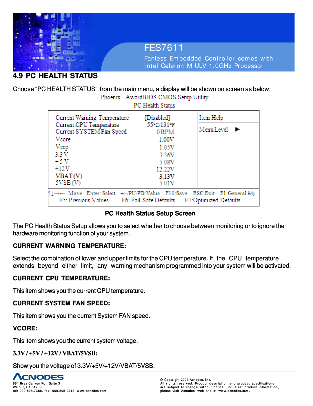 Acnodes FES7611 Pc Health Status, PC Health Status Setup Screen, Current Warning Temperature, Current Cpu Temperature 
