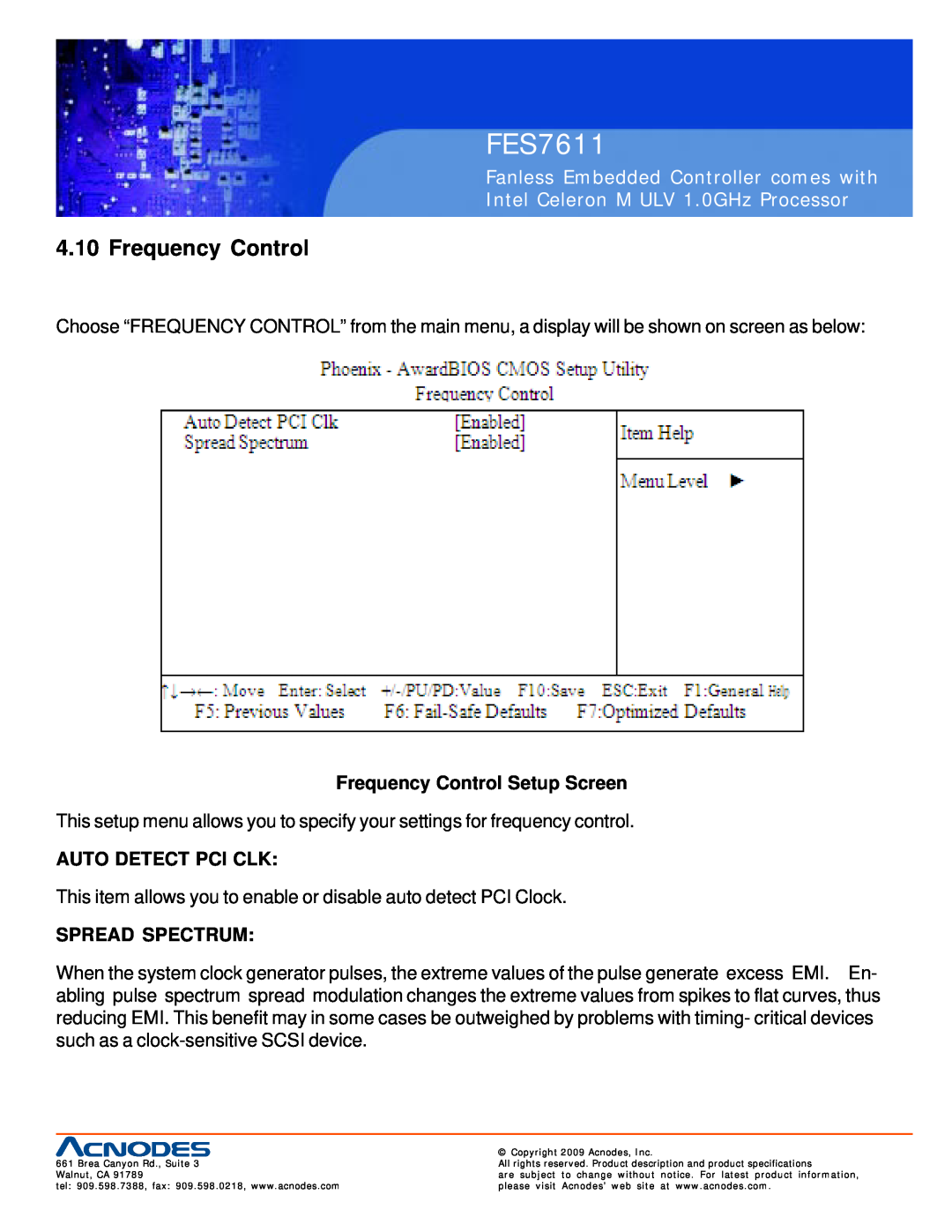 Acnodes FES7611 user manual Frequency Control Setup Screen, Auto Detect Pci Clk, Spread Spectrum 