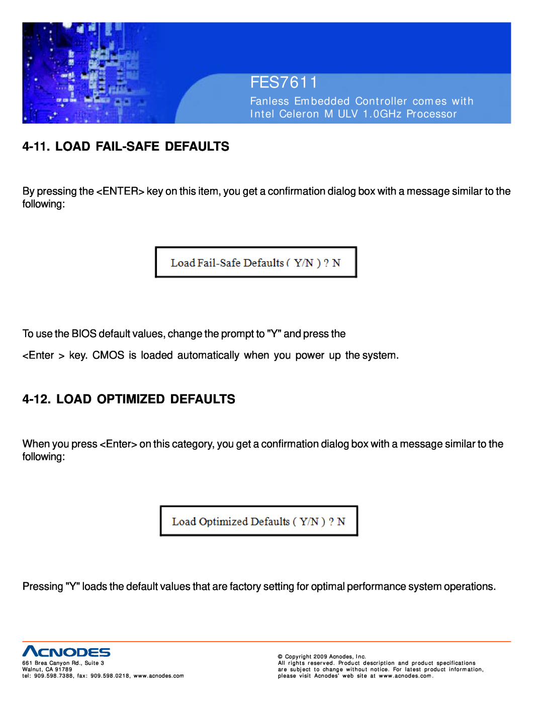 Acnodes FES7611 user manual Load Fail-Safe Defaults, Load Optimized Defaults, Fanless Embedded Controller comes with 