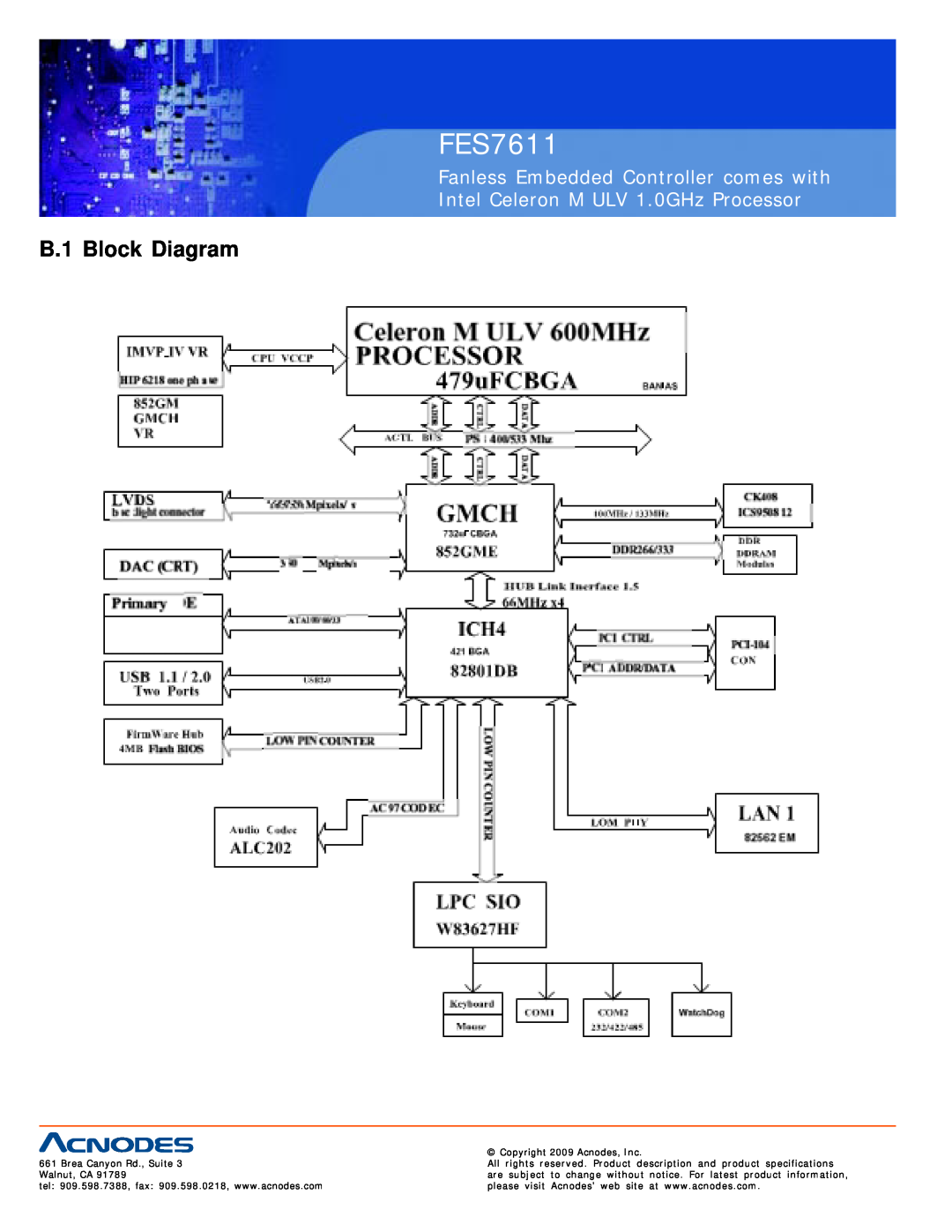 Acnodes FES7611 user manual B.1 Block Diagram, Fanless Embedded Controller comes with, Intel Celeron M ULV 1.0GHz Processor 