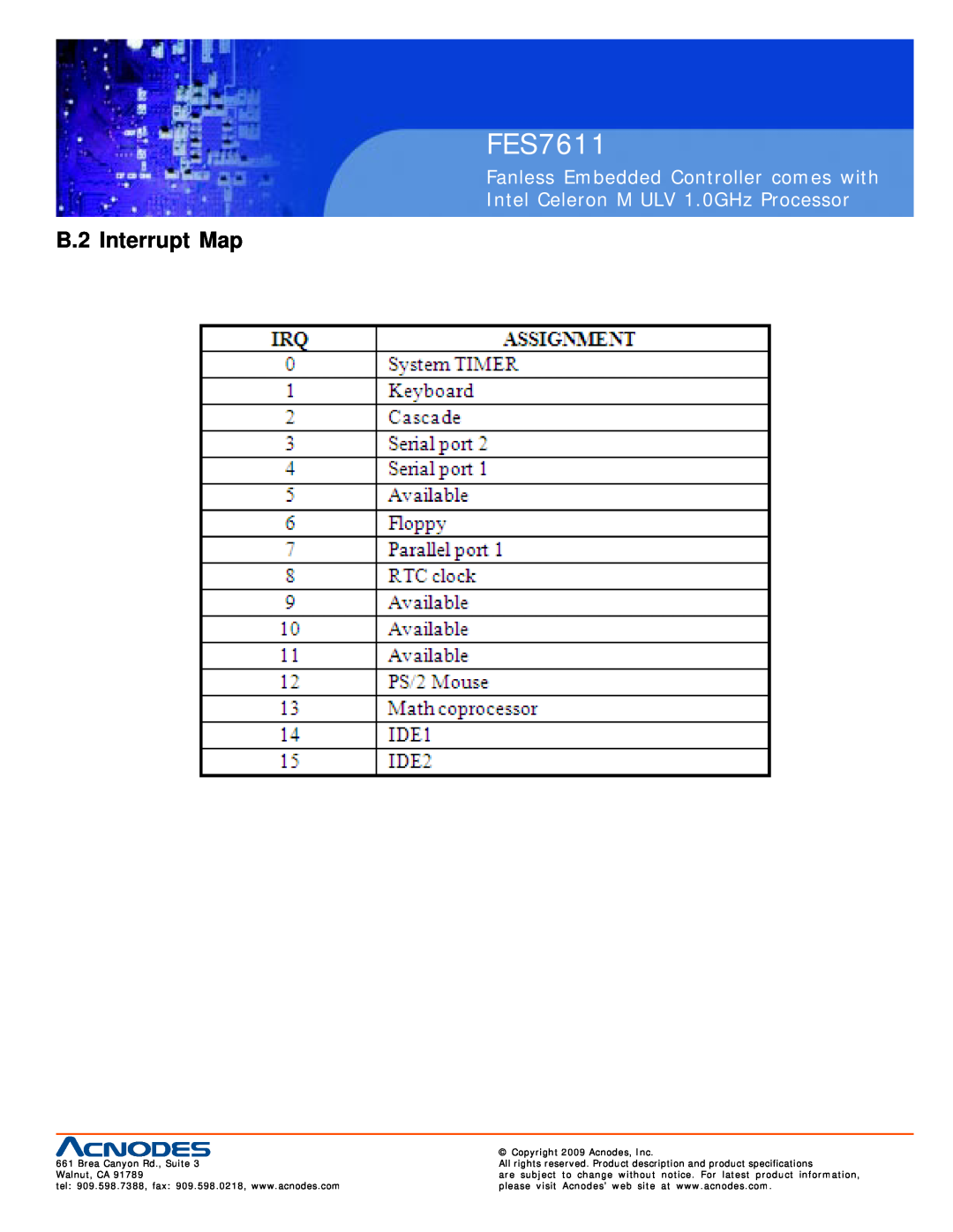 Acnodes FES7611 user manual B.2 Interrupt Map, Fanless Embedded Controller comes with, Intel Celeron M ULV 1.0GHz Processor 