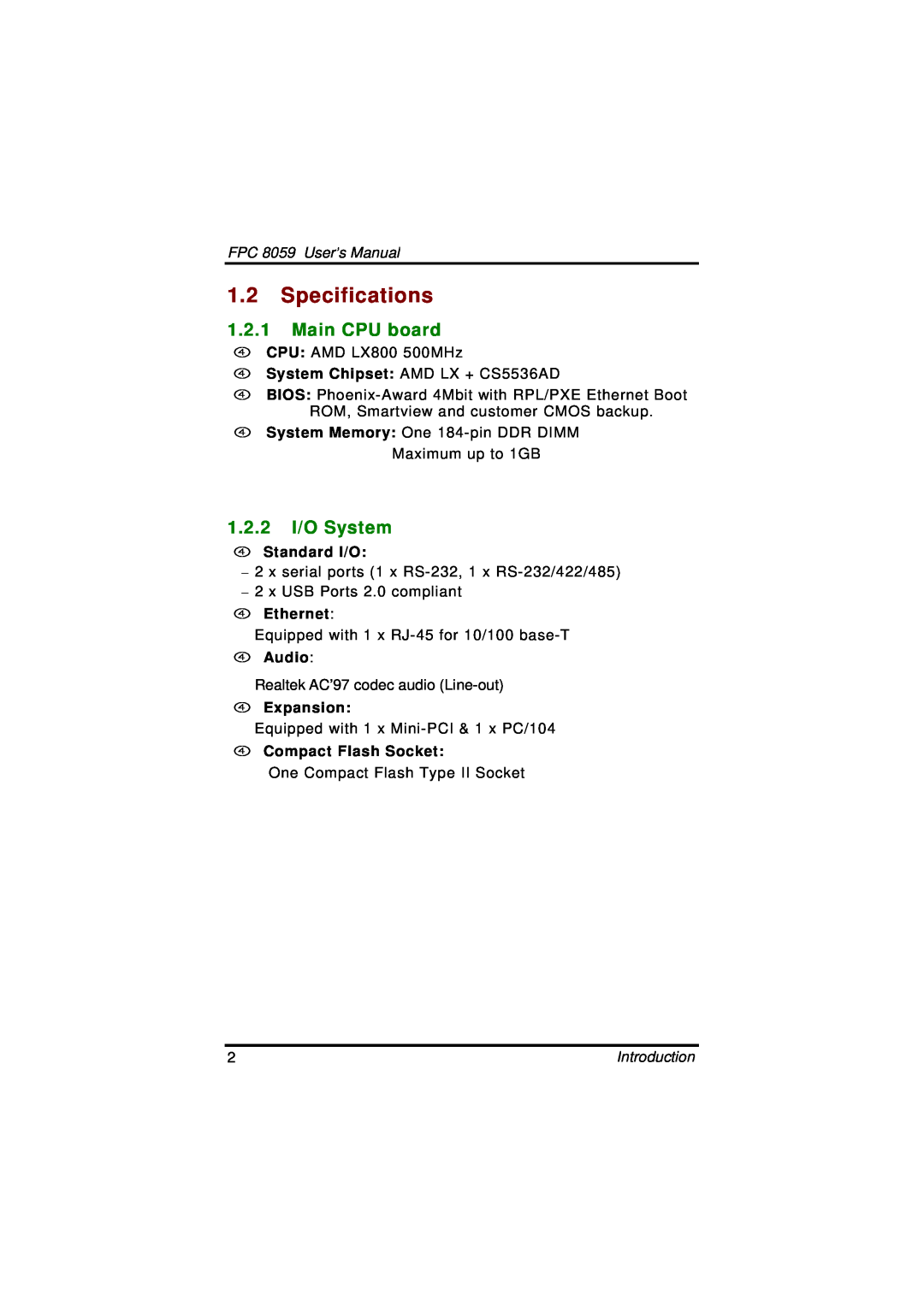 Acnodes user manual Specifications, Main CPU board, 1.2.2 I/O System, FPC 8059 User’s Manual, Introduction 