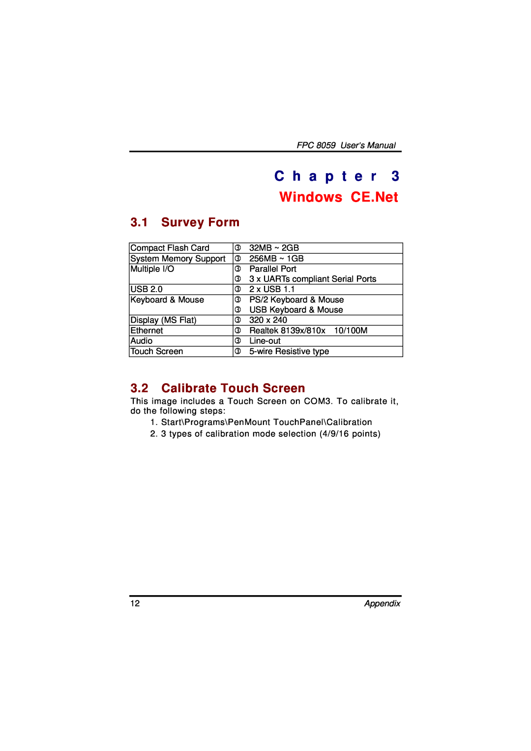 Acnodes user manual Windows CE.Net, Survey Form, Calibrate Touch Screen, Appendix, C h a p t e r, FPC 8059 User’s Manual 