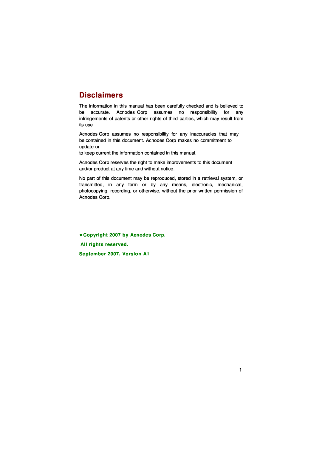 Acnodes FPC 8059 user manual Disclaimers, Copyright 2007 by Acnodes Corp All rights reserved, September 2007, Version A1 