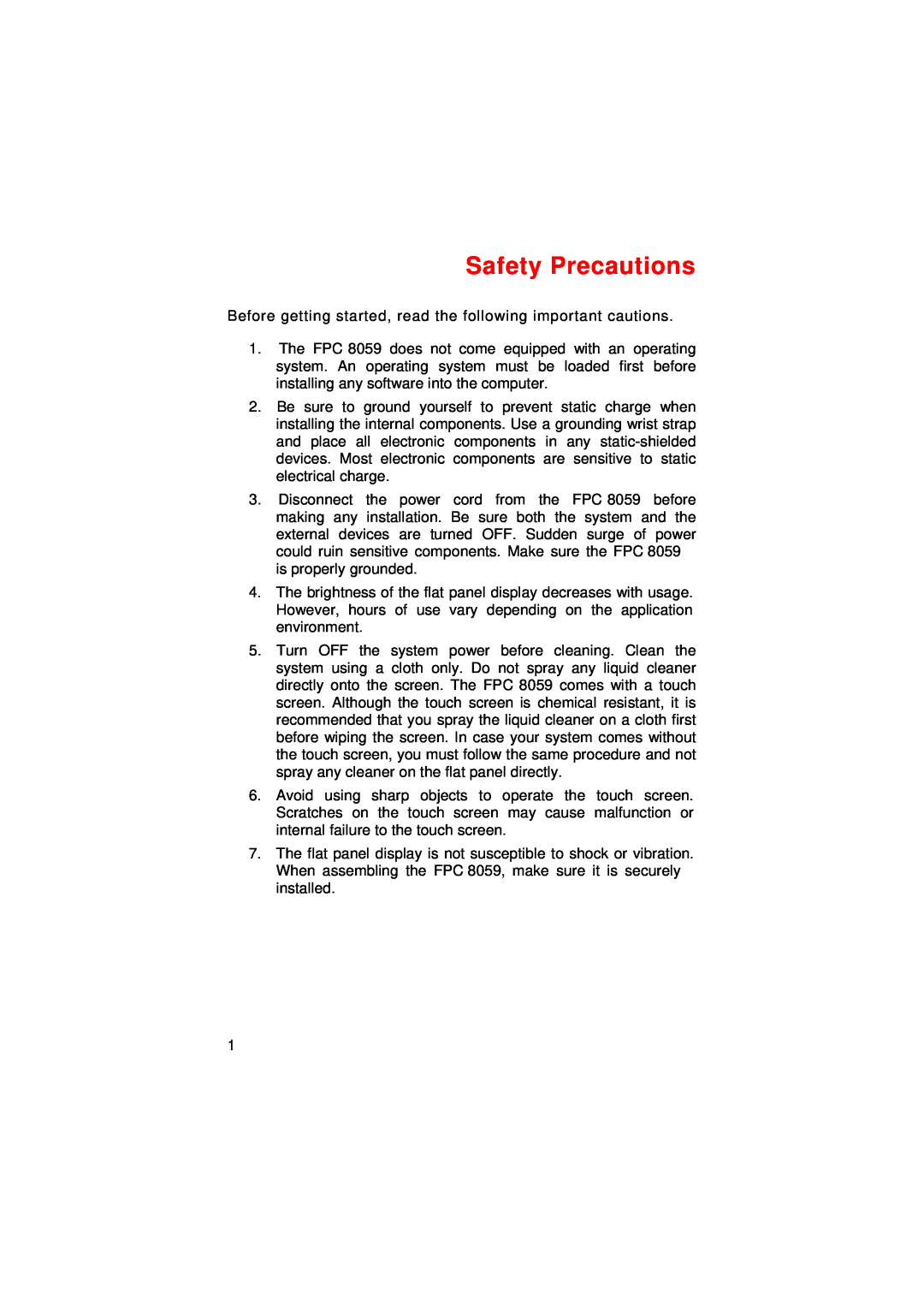 Acnodes FPC 8059 user manual Safety Precautions 