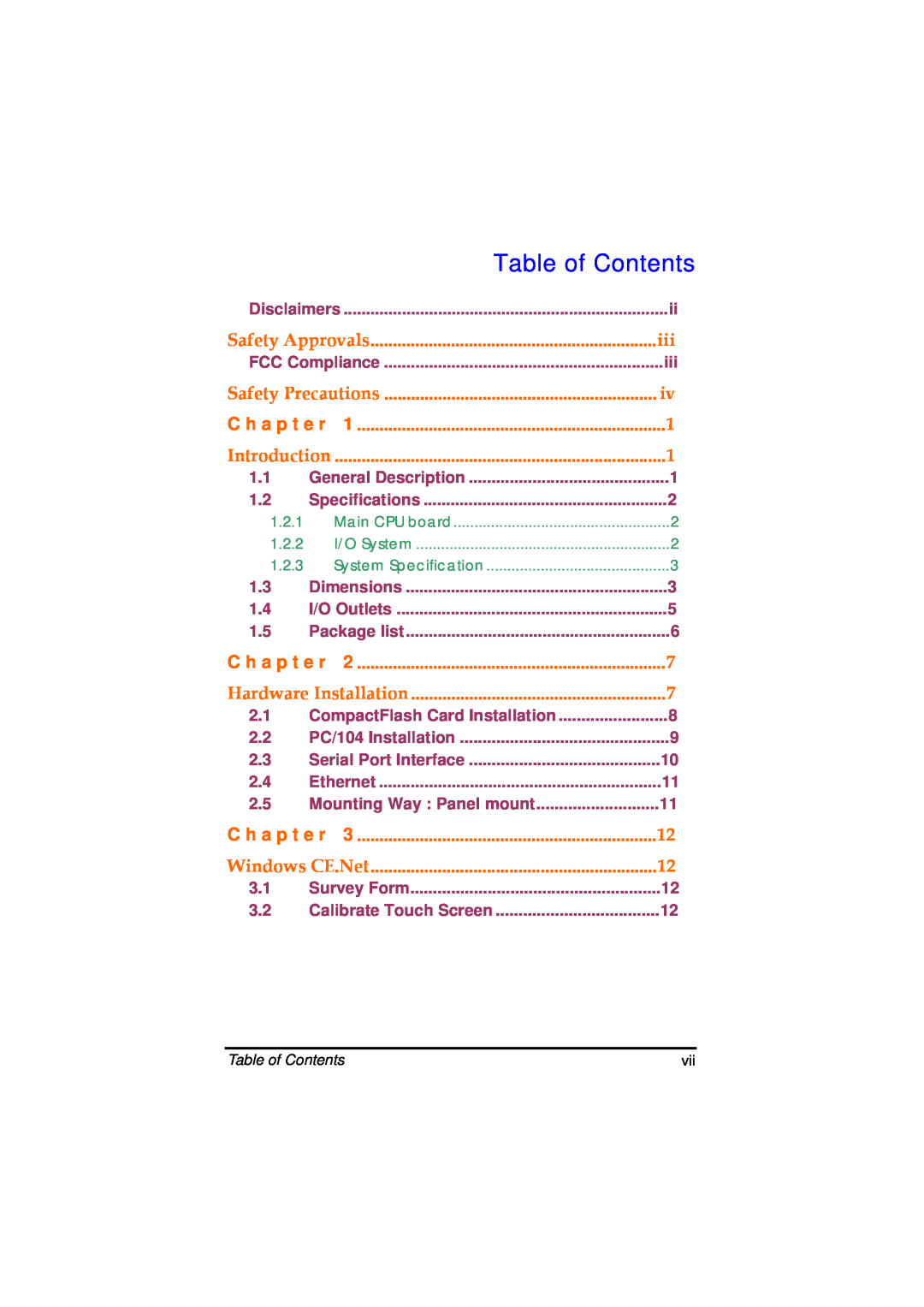 Acnodes FPC 8059 Table of Contents, C h a p t e r, Introduction, Safety Approvals, Safety Precautions, Windows CE.Net 