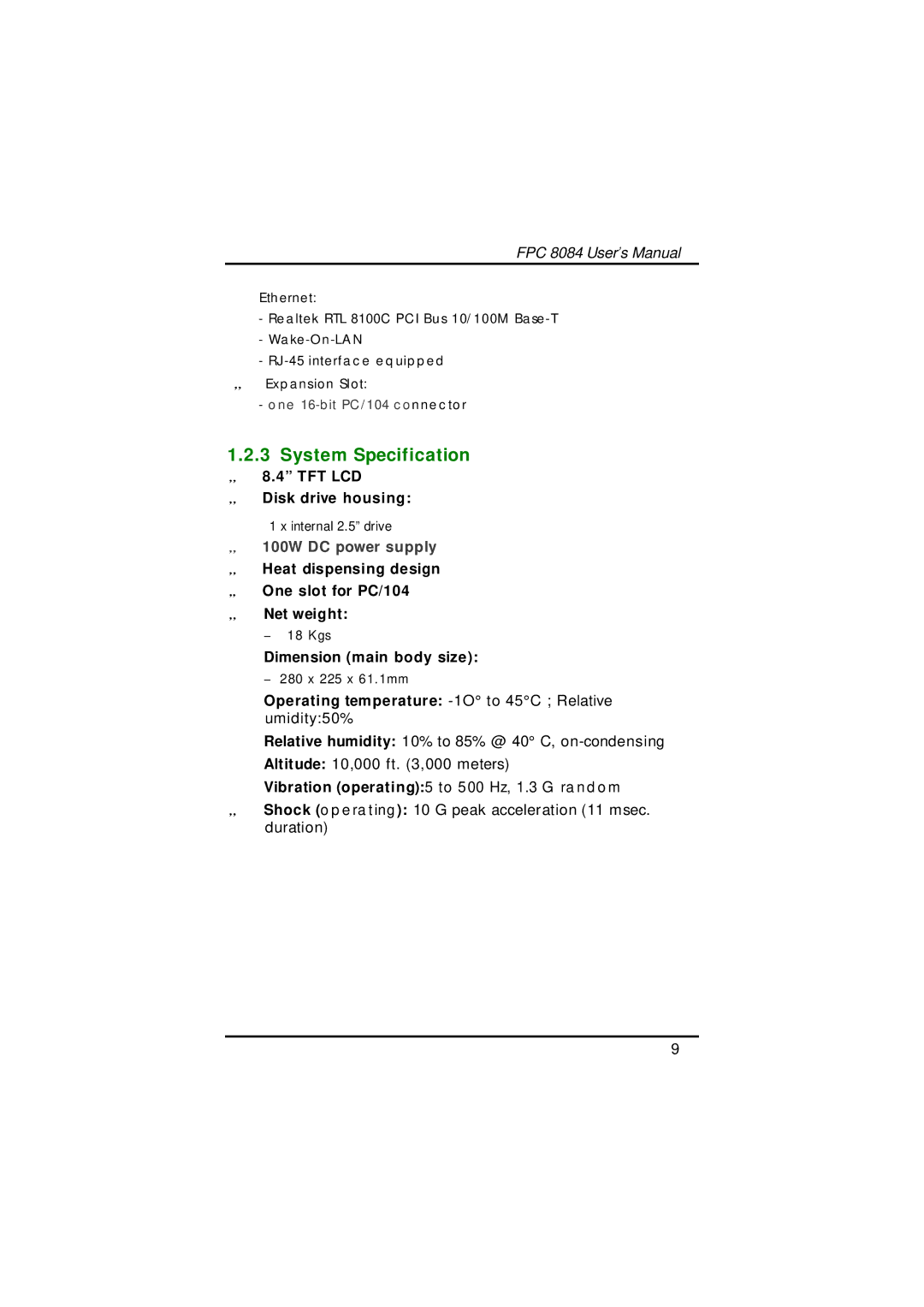 Acnodes FPC 8084 user manual System Specification, 100W DC power supply 