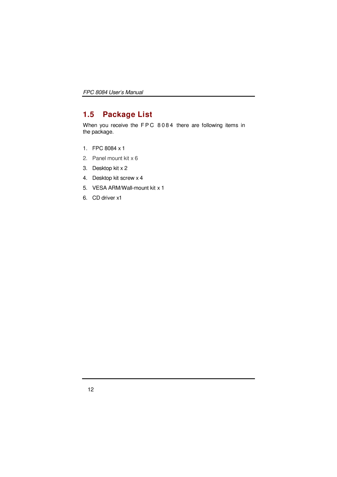 Acnodes FPC 8084 user manual Package List 