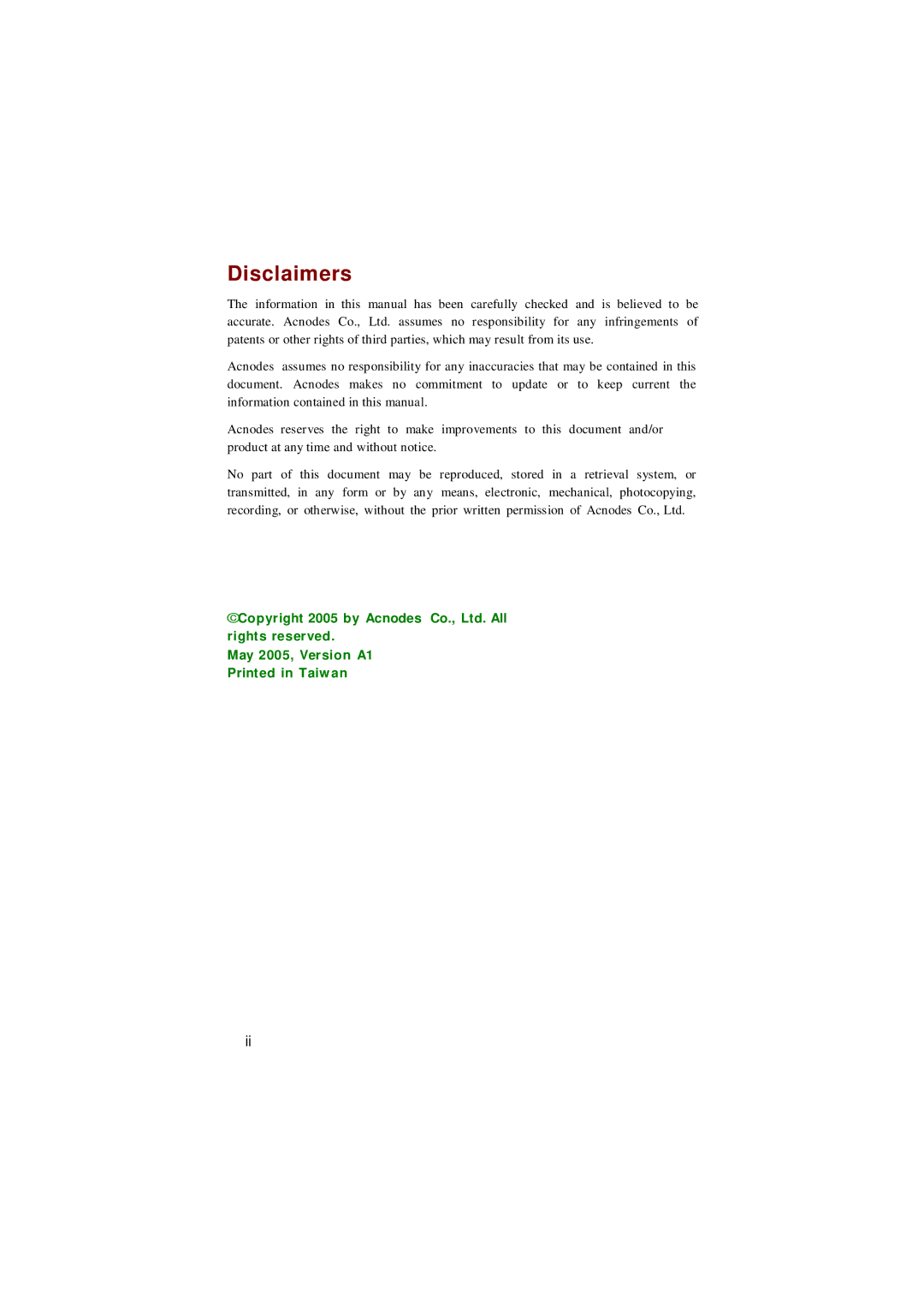 Acnodes FPC 8084 user manual Disclaimers 