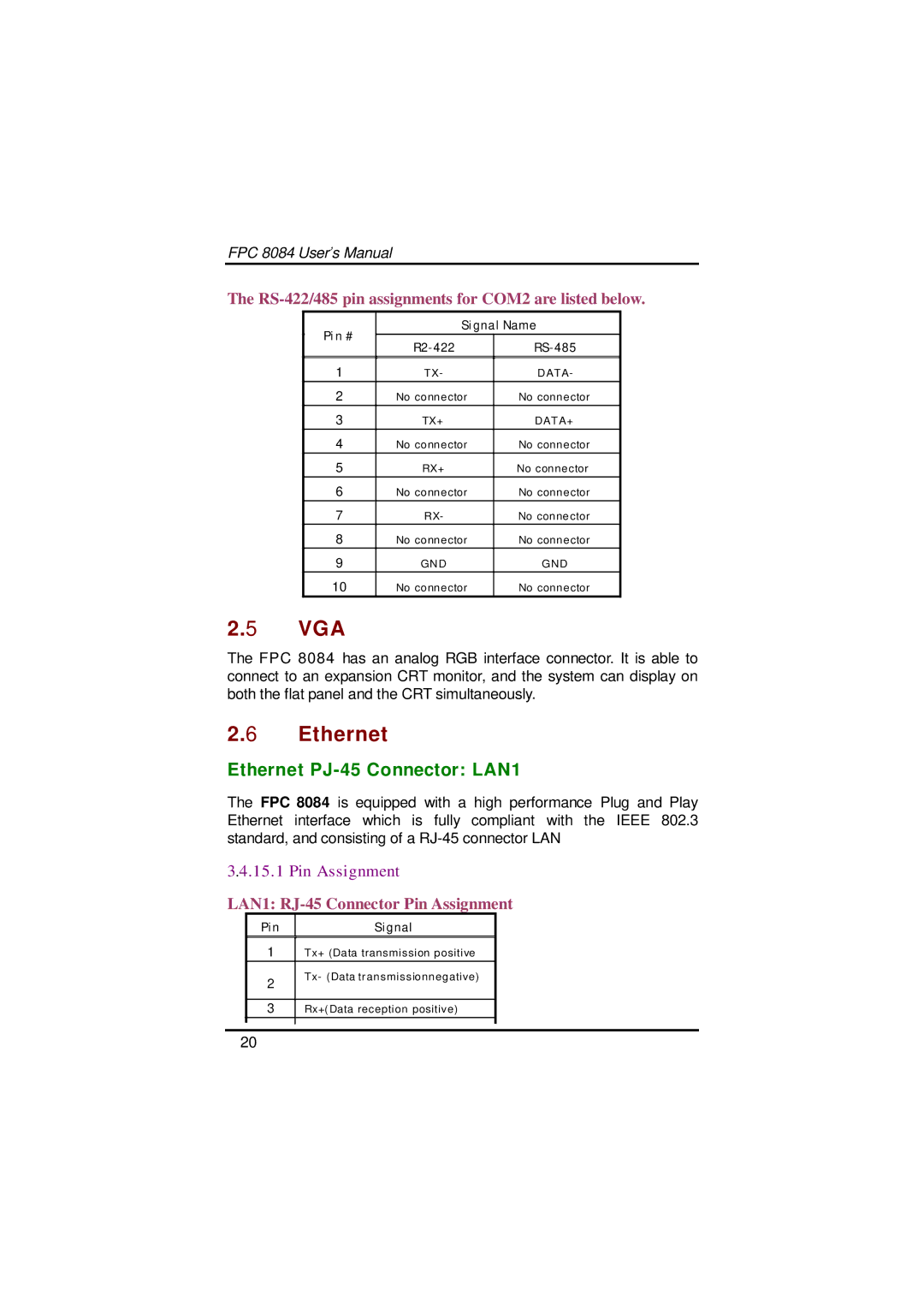 Acnodes FPC 8084 user manual Vga, Ethernet PJ-45 Connector LAN1 