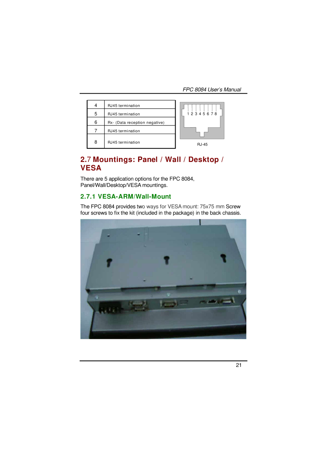 Acnodes FPC 8084 user manual Mountings Panel / Wall / Desktop, VESA-ARM/Wall-Mount 