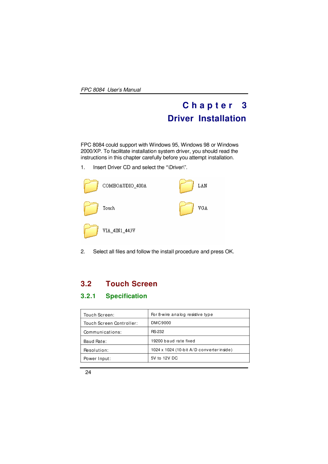 Acnodes FPC 8084 user manual Touch Screen, Specification 