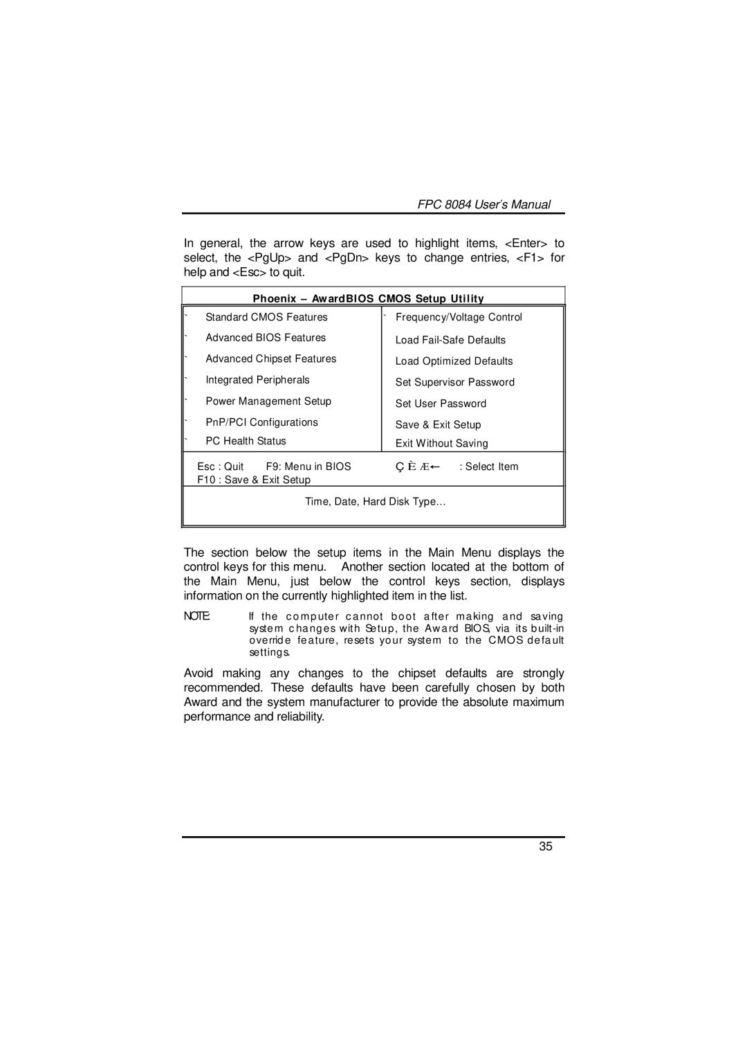 Acnodes FPC 8084 user manual Phoenix Aw ardBIOS Cmos Setup Utility 