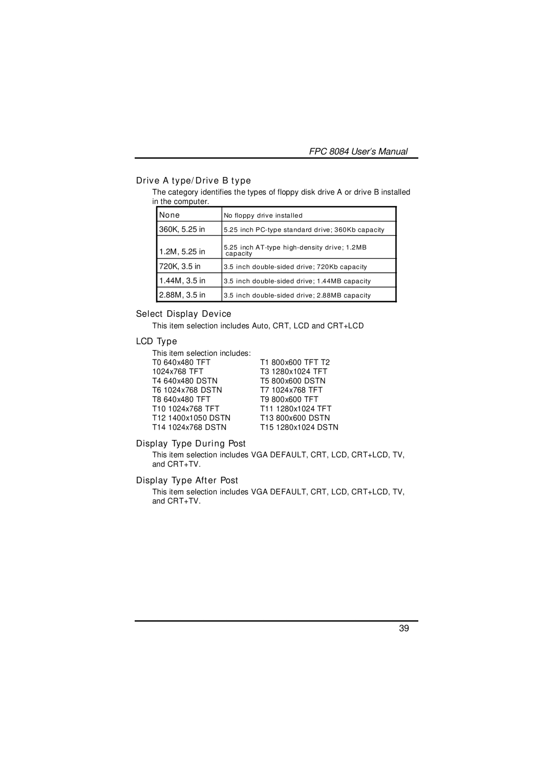 Acnodes FPC 8084 user manual Drive a type/Drive B type, Select Display Device, LCD Type, Display Type During Post 