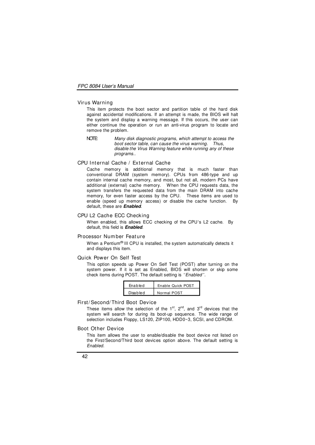 Acnodes FPC 8084 Virus Warning, CPU Internal Cache / External Cache, CPU L2 Cache ECC Checking, Processor Number Feature 