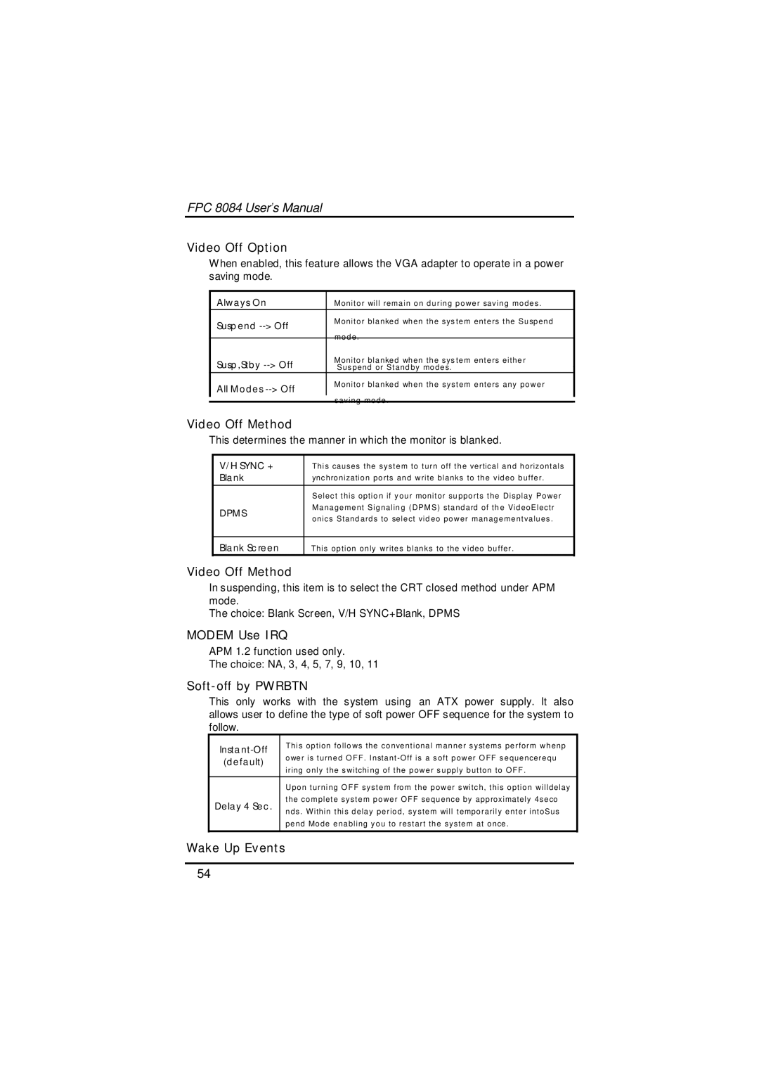 Acnodes FPC 8084 user manual Video Off Option, Video Off Method, Modem Use IRQ, Soft-off by Pwrbtn, Wake Up Events 