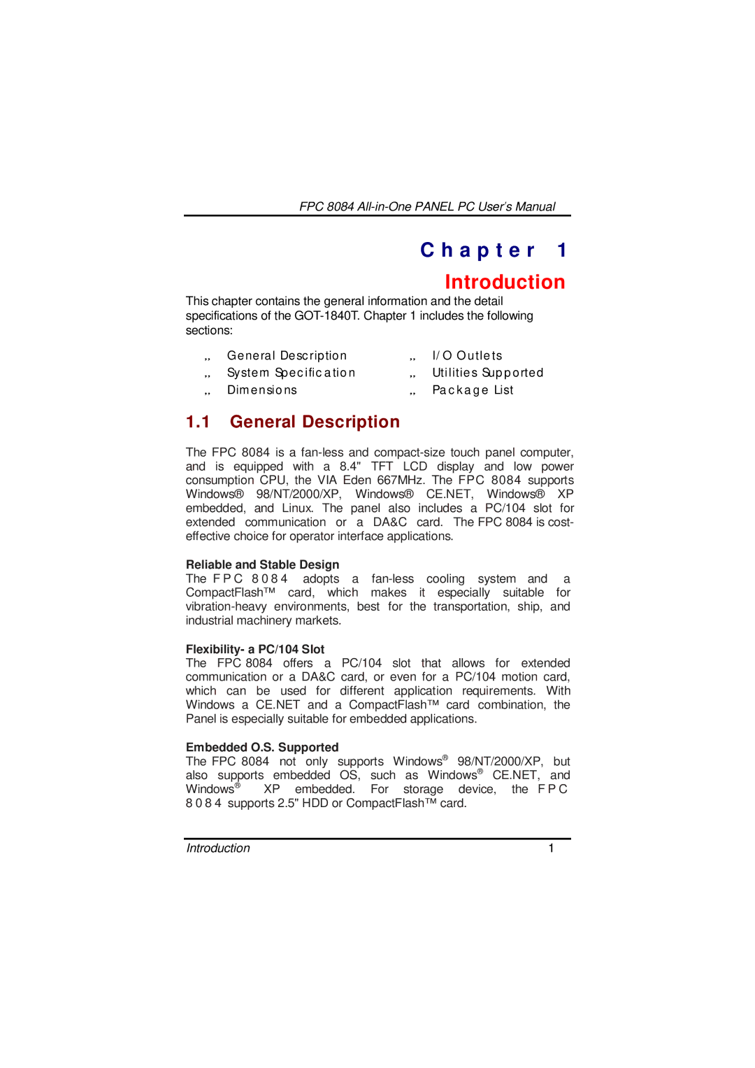 Acnodes FPC 8084 user manual Introduction, General Description 