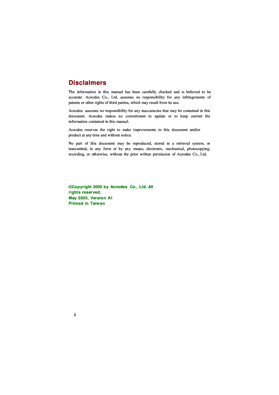 Acnodes FPC 8084 user manual Disclaimers, May 2005, Version A1 Printed in Taiw an 
