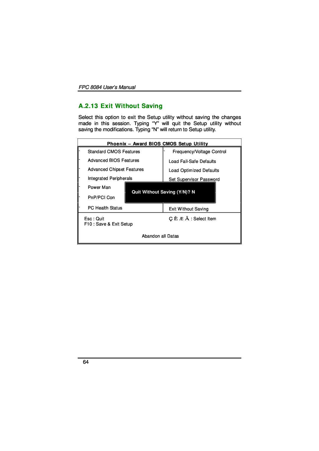 Acnodes user manual A.2.13 Exit Without Saving, FPC 8084 User’s Manual 