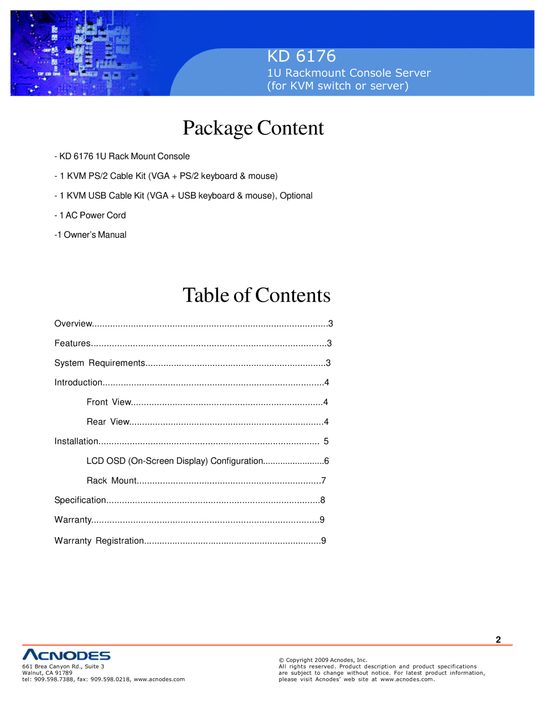 Acnodes KD 6176 user manual Package Content, Table of Contents 