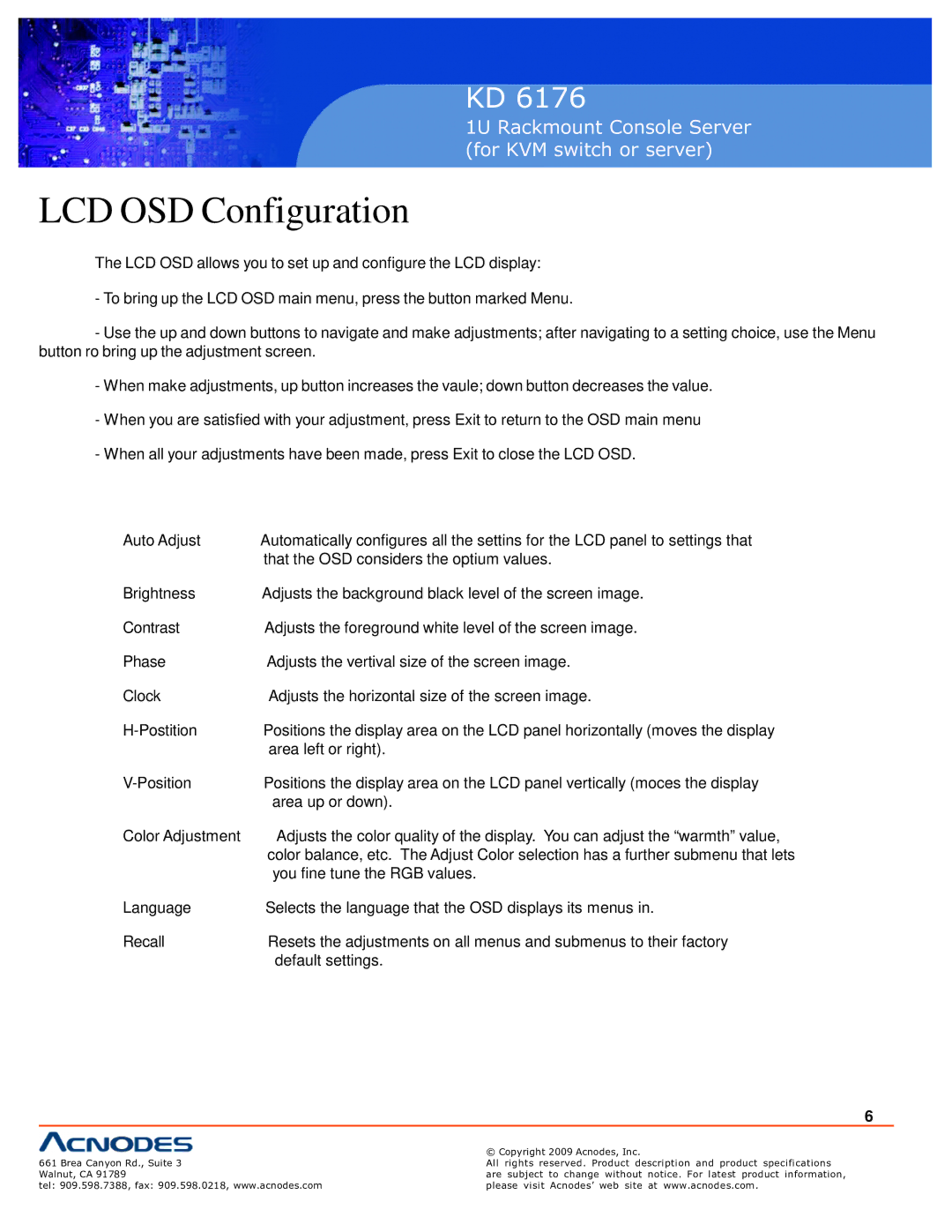 Acnodes KD 6176 user manual LCD OSD Configuration 