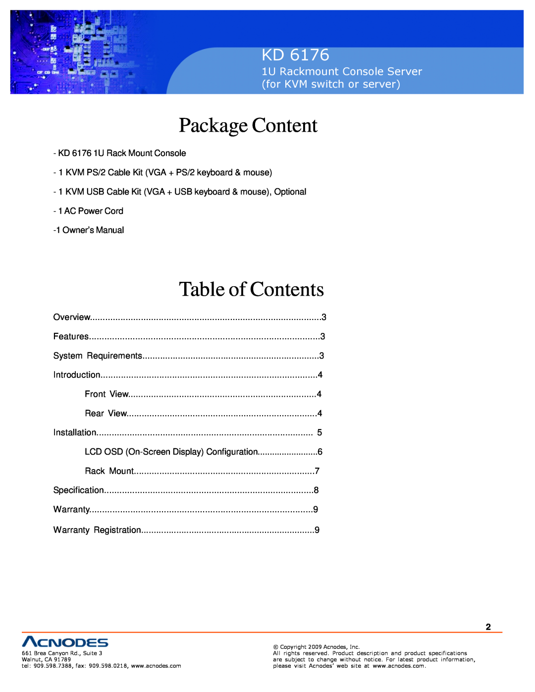 Acnodes KD 6176 user manual Package Content, Table of Contents, inch touch panel PC 