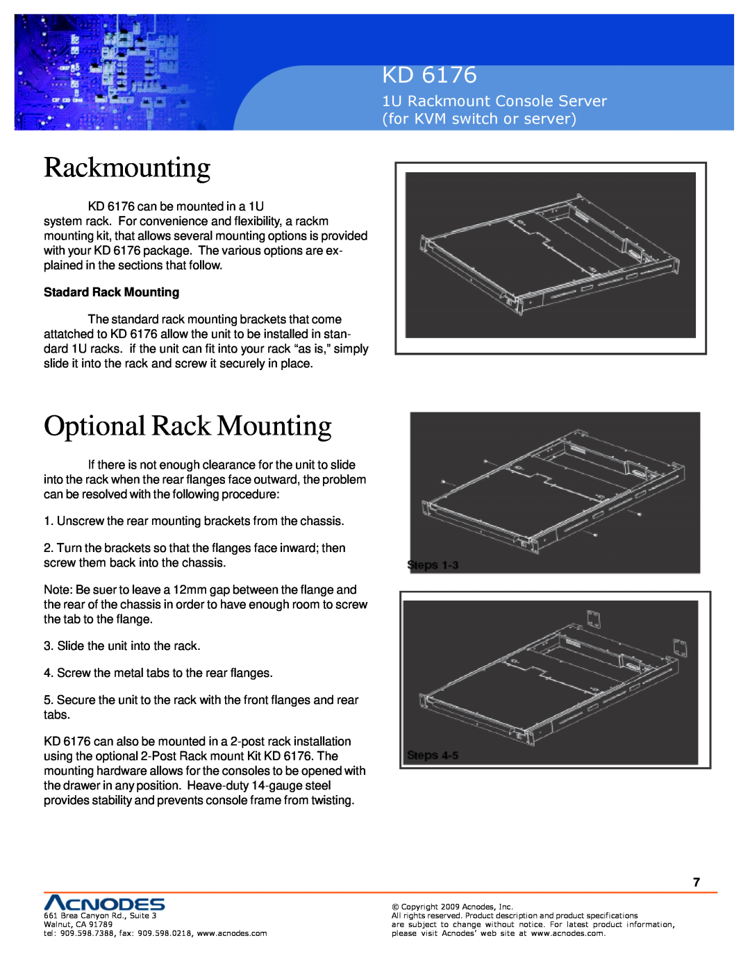 Acnodes KD 6176 user manual Rackmounting, Optional Rack Mounting, Stadard Rack Mounting 