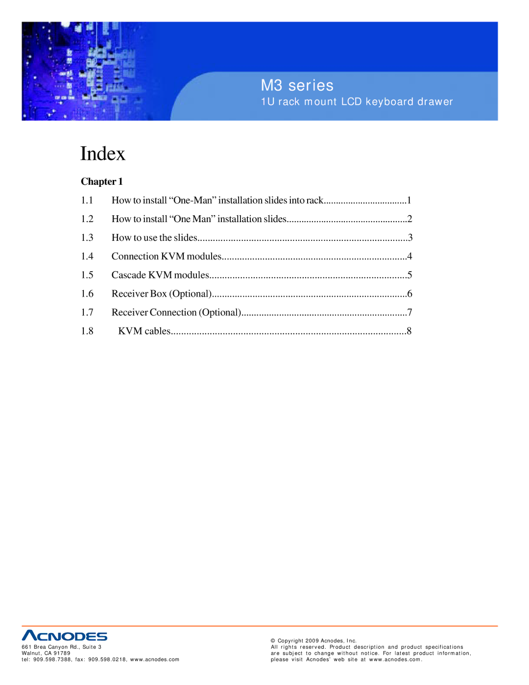 Acnodes M3 specifications Index, Chapter 