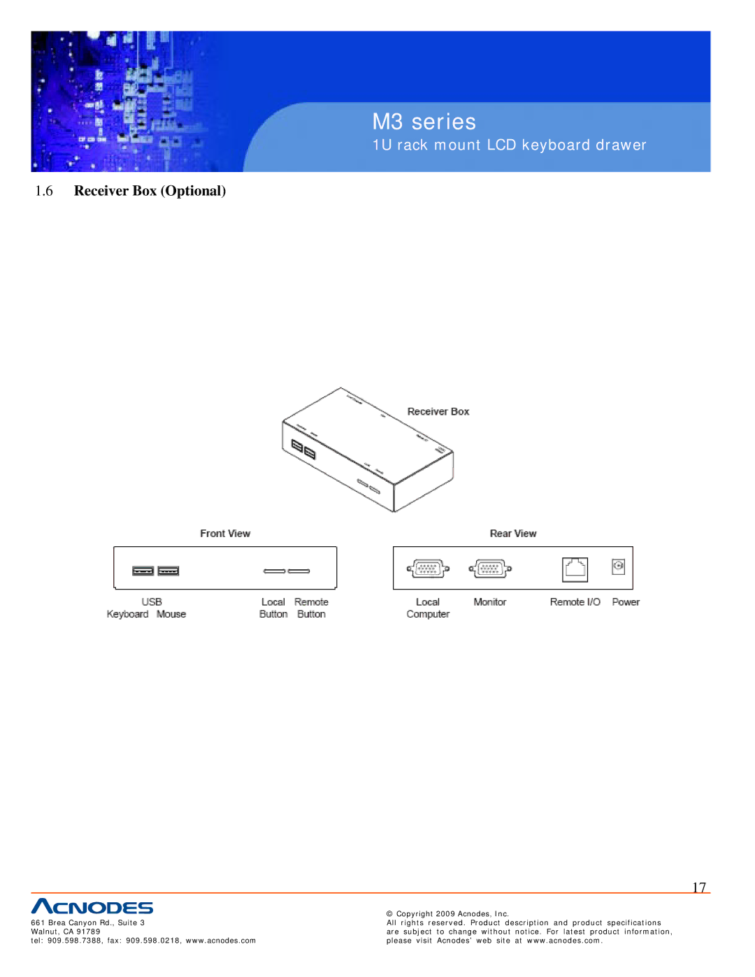 Acnodes M3 specifications Receiver Box Optional 