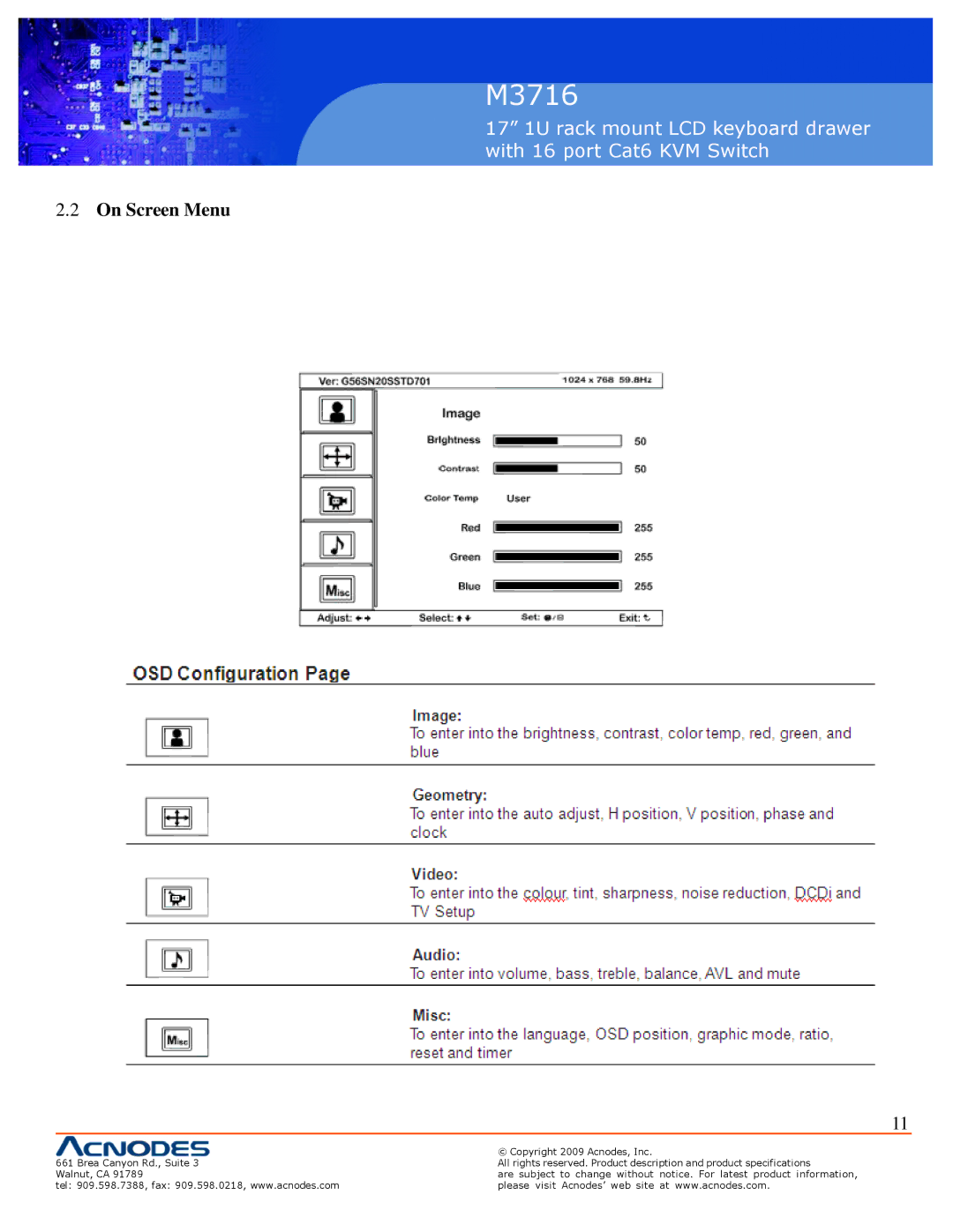 Acnodes M3716 user manual On Screen Menu 