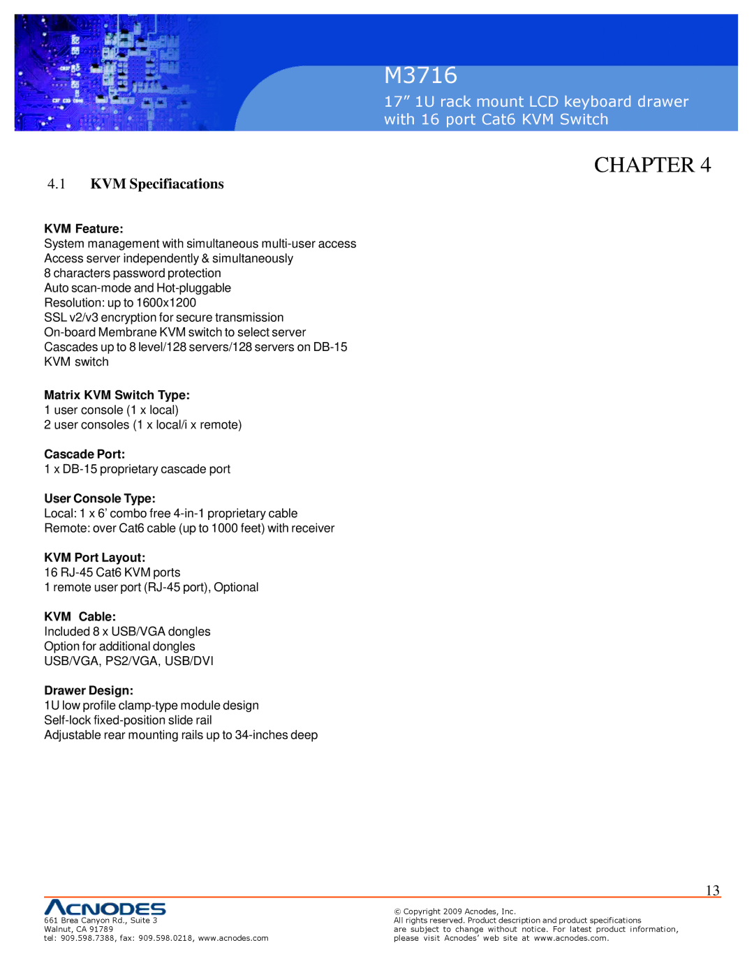 Acnodes M3716 user manual KVM Specifiacations 