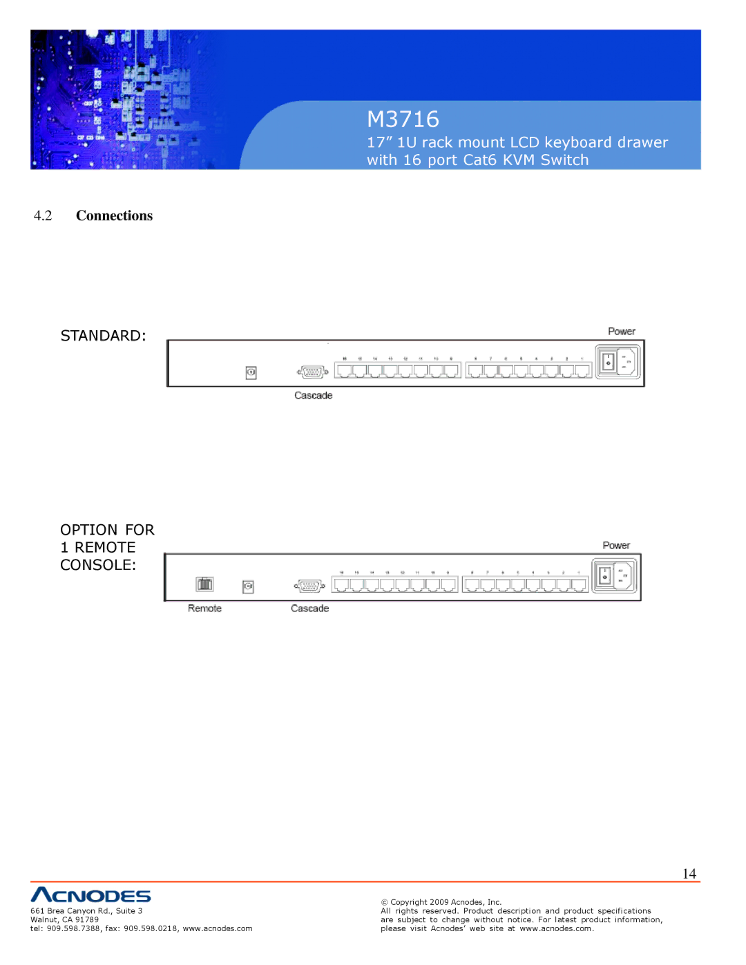 Acnodes M3716 user manual Connections, Standard Option for Remote Console 