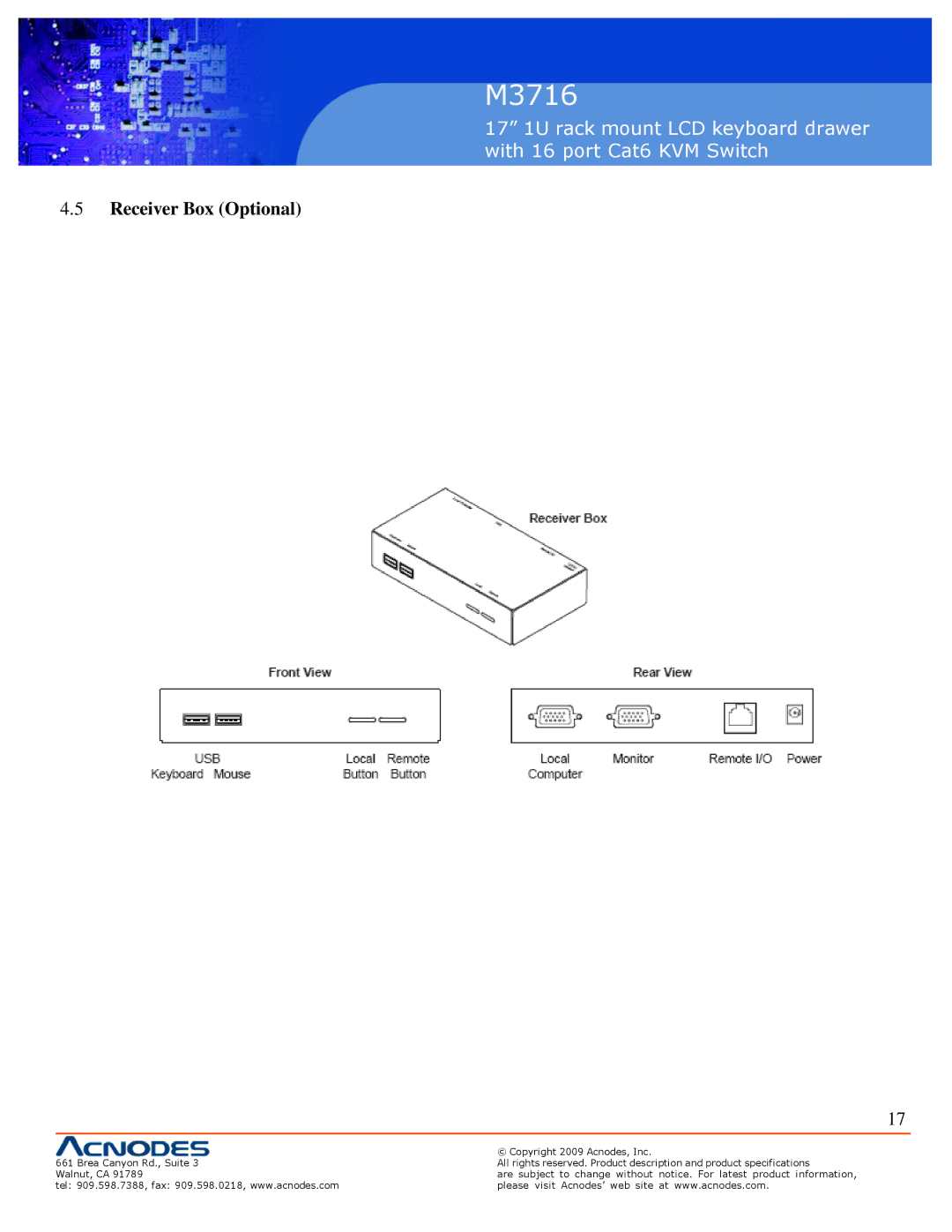 Acnodes M3716 user manual Receiver Box Optional 