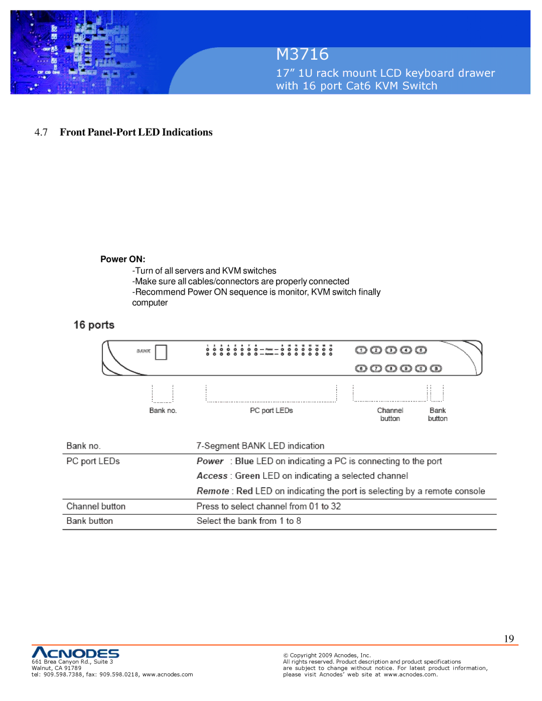 Acnodes M3716 user manual Front Panel-Port LED Indications, Power on 