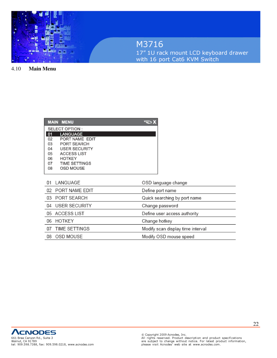 Acnodes M3716 user manual Main Menu 