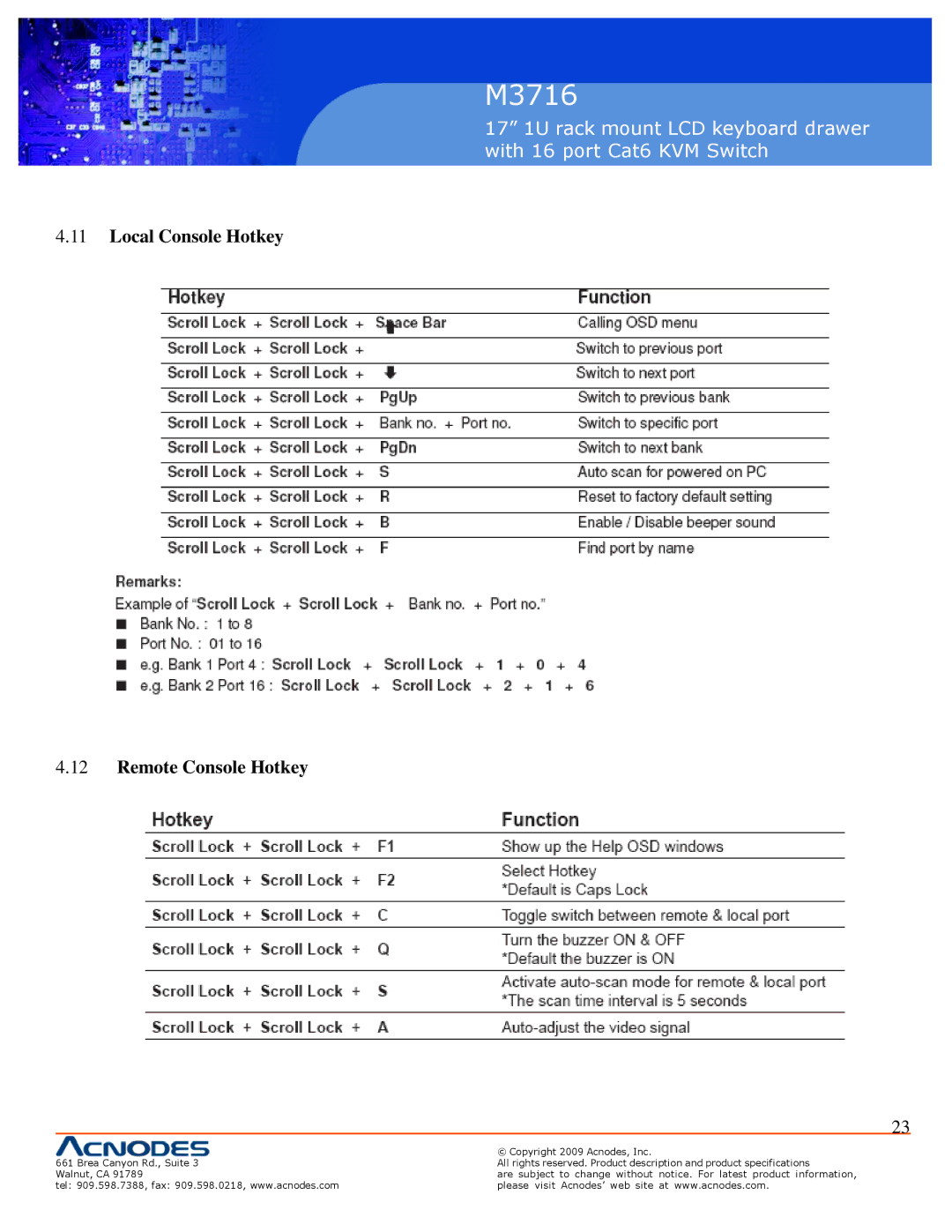 Acnodes M3716 user manual Local Console Hotkey Remote Console Hotkey 