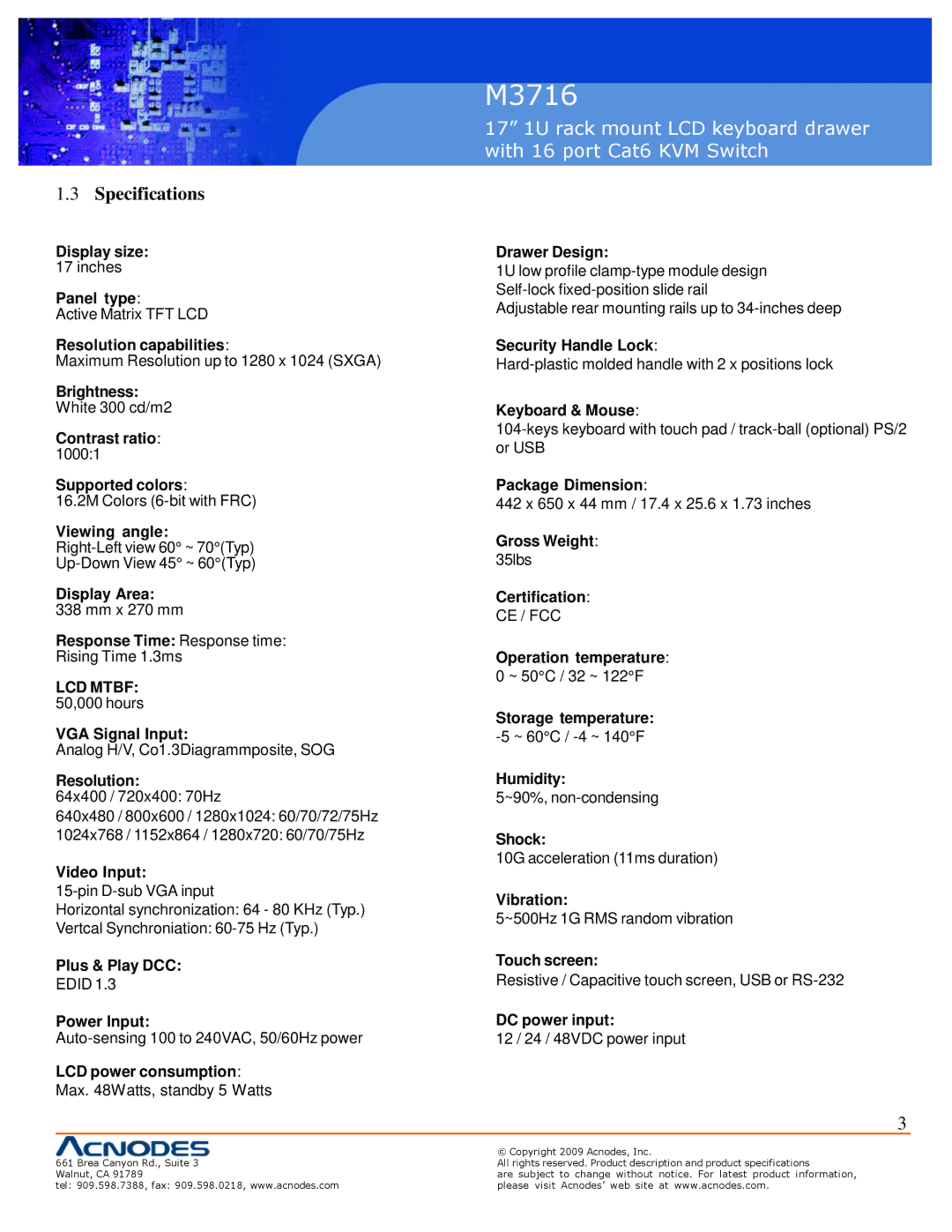 Acnodes M3716 user manual Specifications 