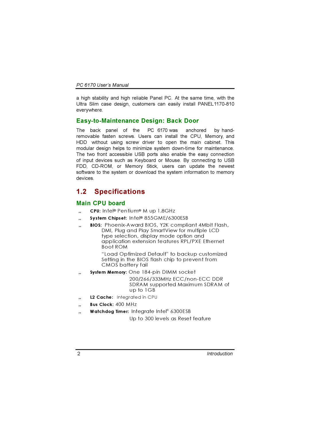 Acnodes PC 6170 manual Specifications, Easy-to-Maintenance Design Back Door, Main CPU board 