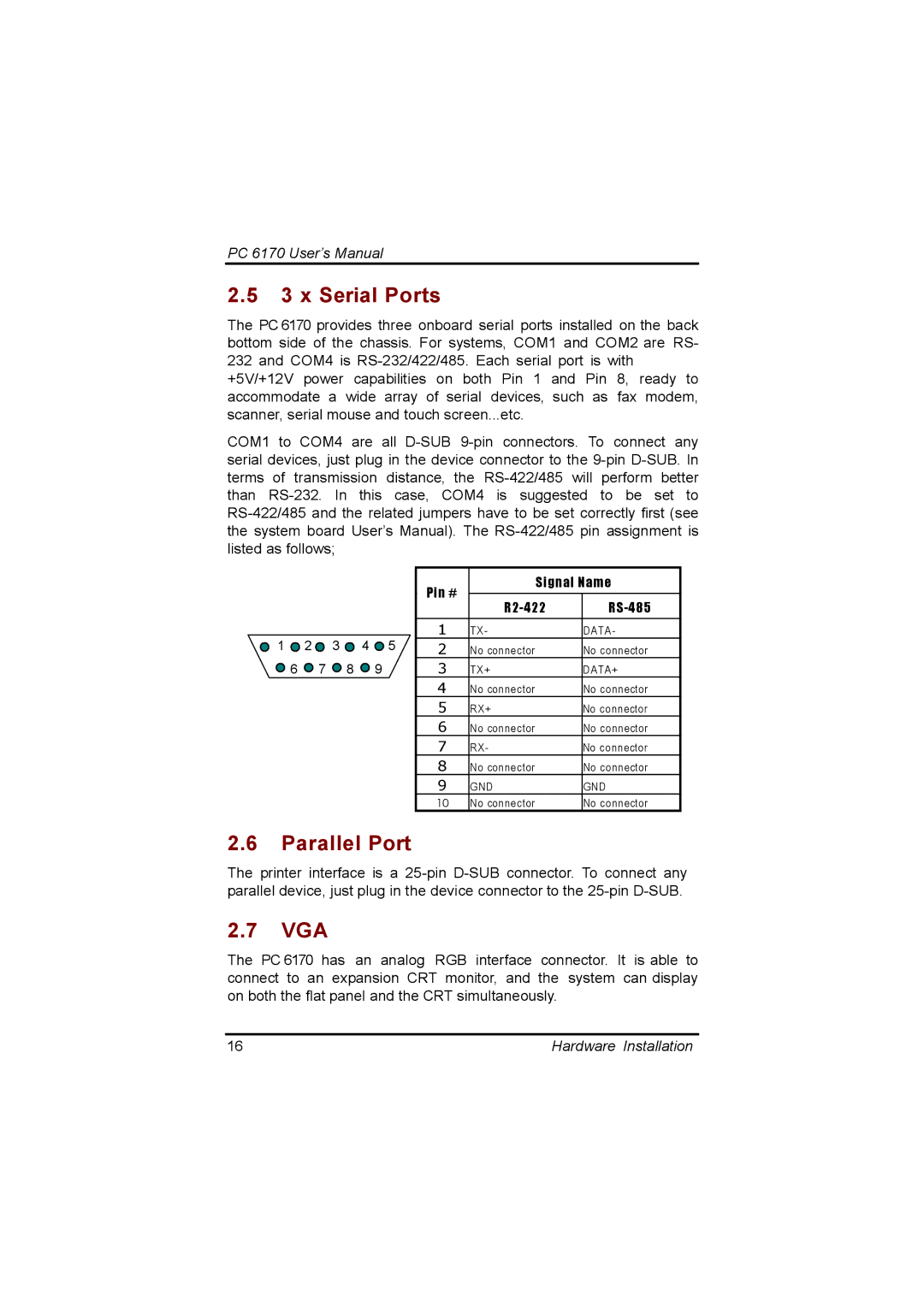 Acnodes PC 6170 manual x Serial Ports, Parallel Port, Vga 