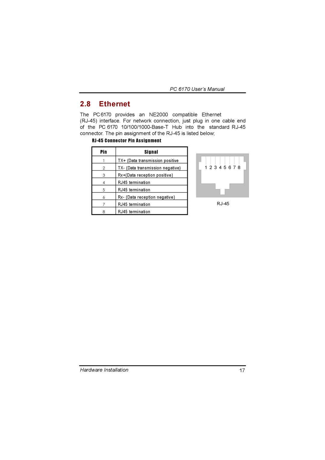 Acnodes PC 6170 manual Ethernet, RJ-45 Connector Pin Assignment 