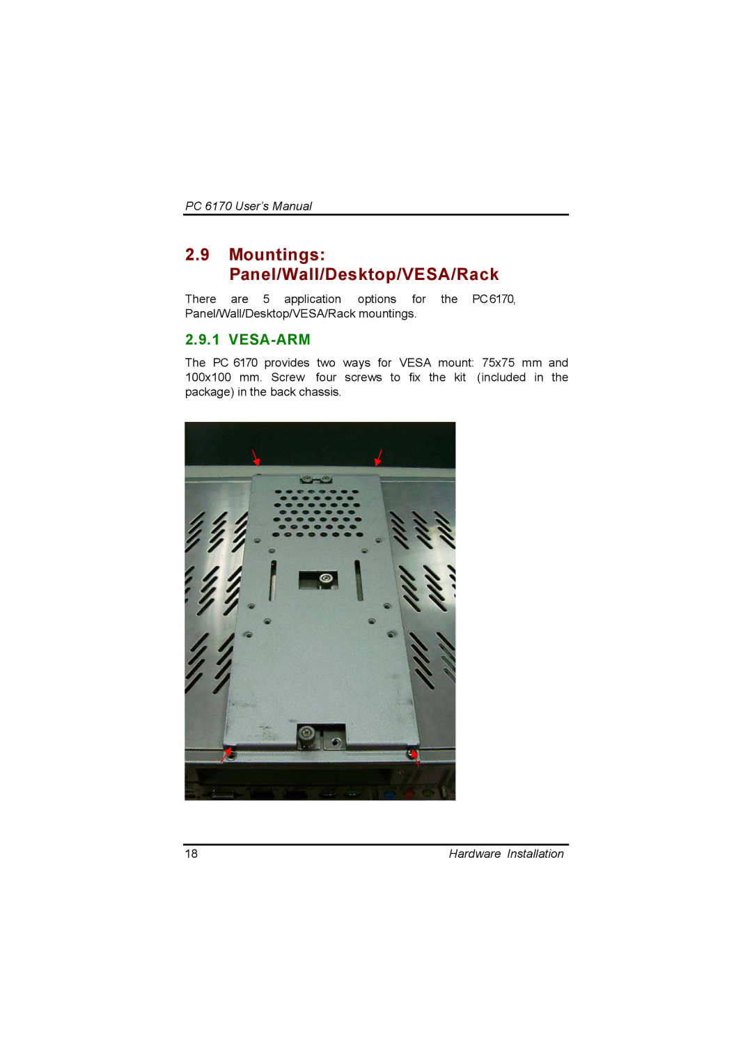 Acnodes PC 6170 manual Mountings Panel/Wall/Desktop/VESA/Rack, Vesa-Arm 