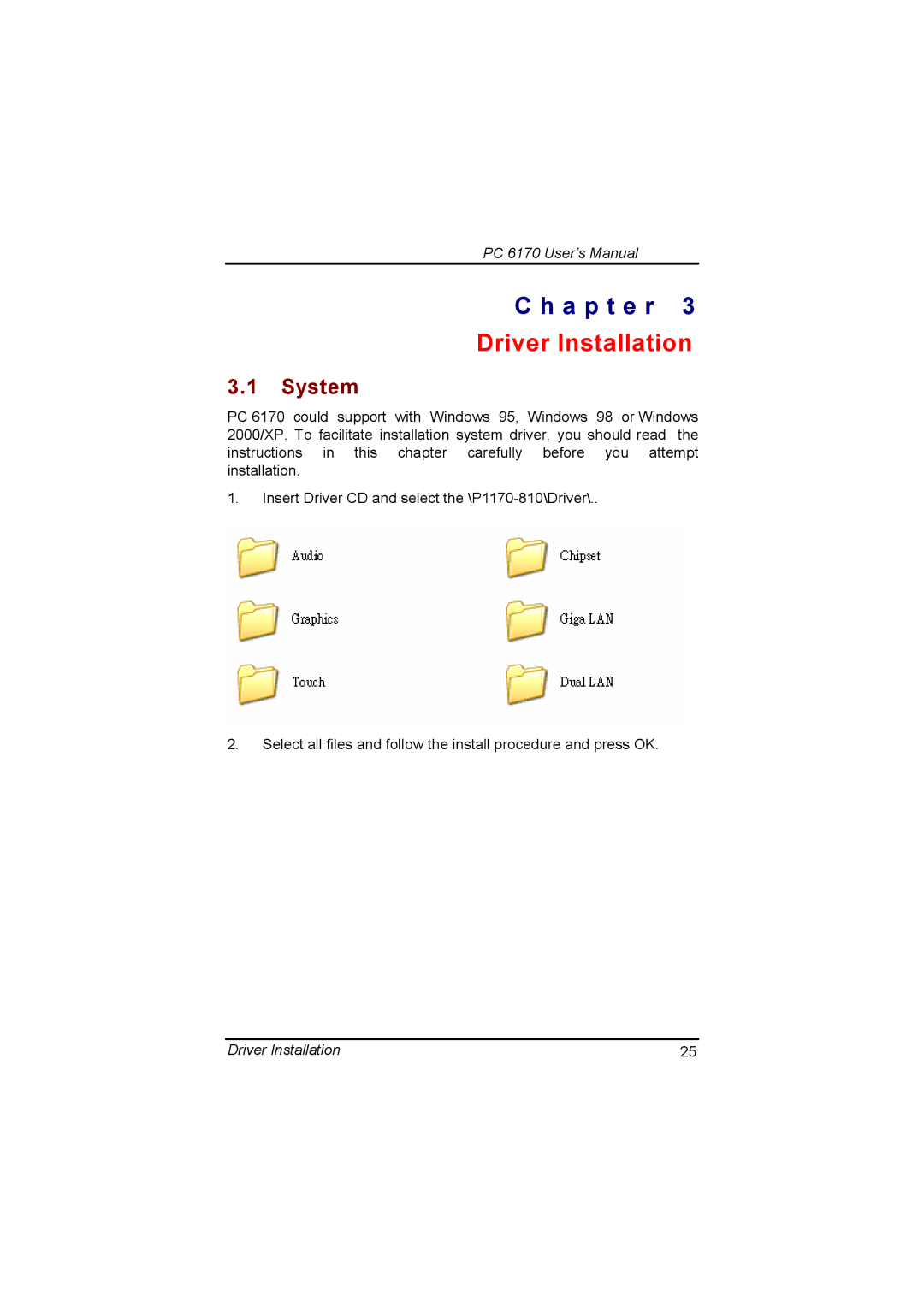 Acnodes PC 6170 manual Driver Installation, System 