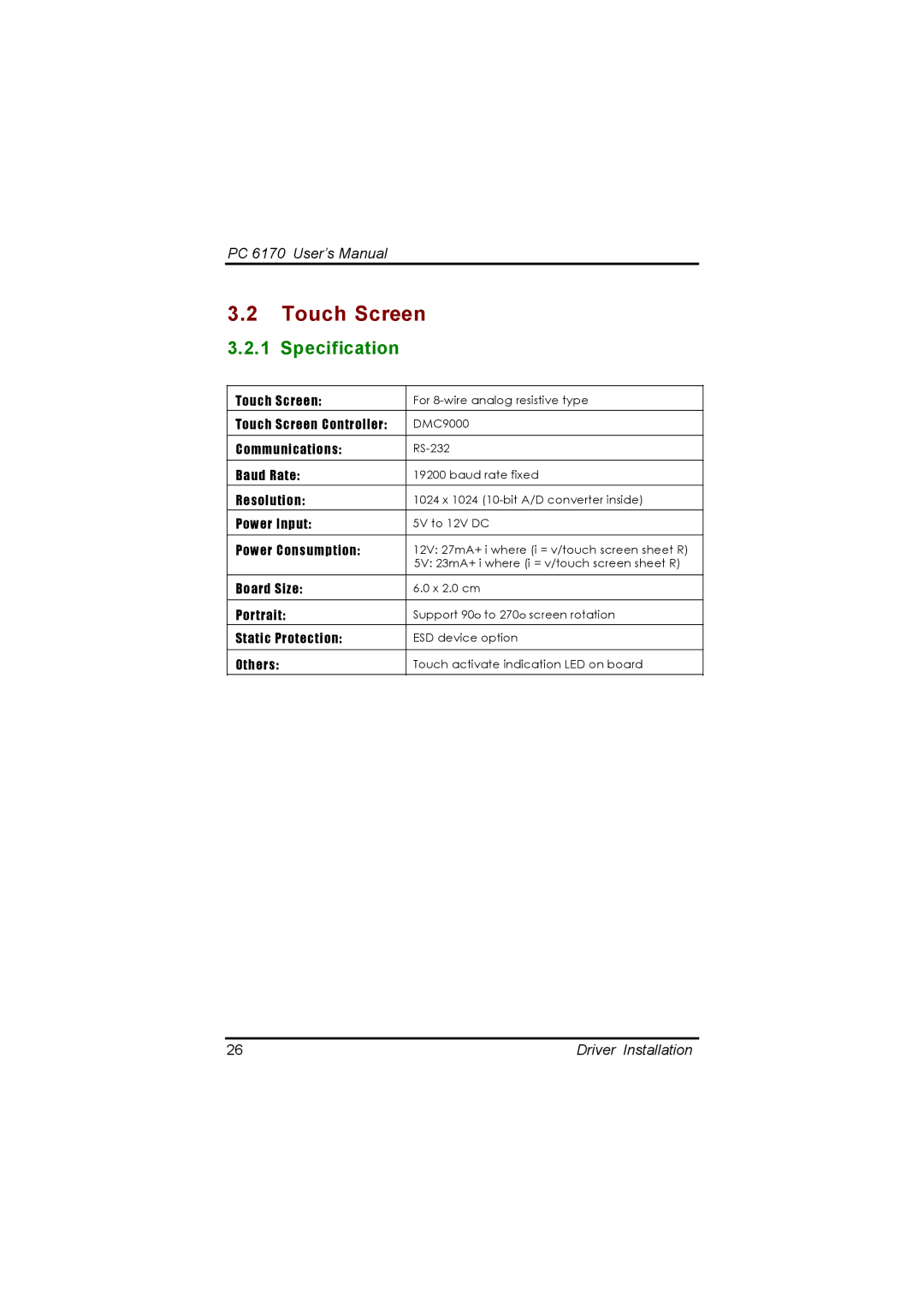 Acnodes PC 6170 manual Touch Screen, Specification 