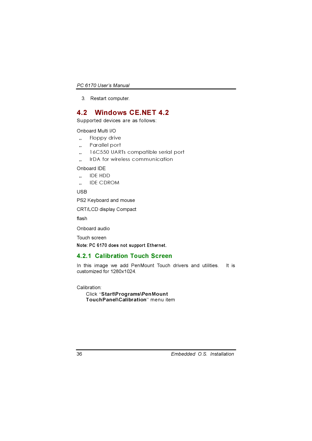 Acnodes PC 6170 manual Windows CE.NET, Calibration Touch Screen 